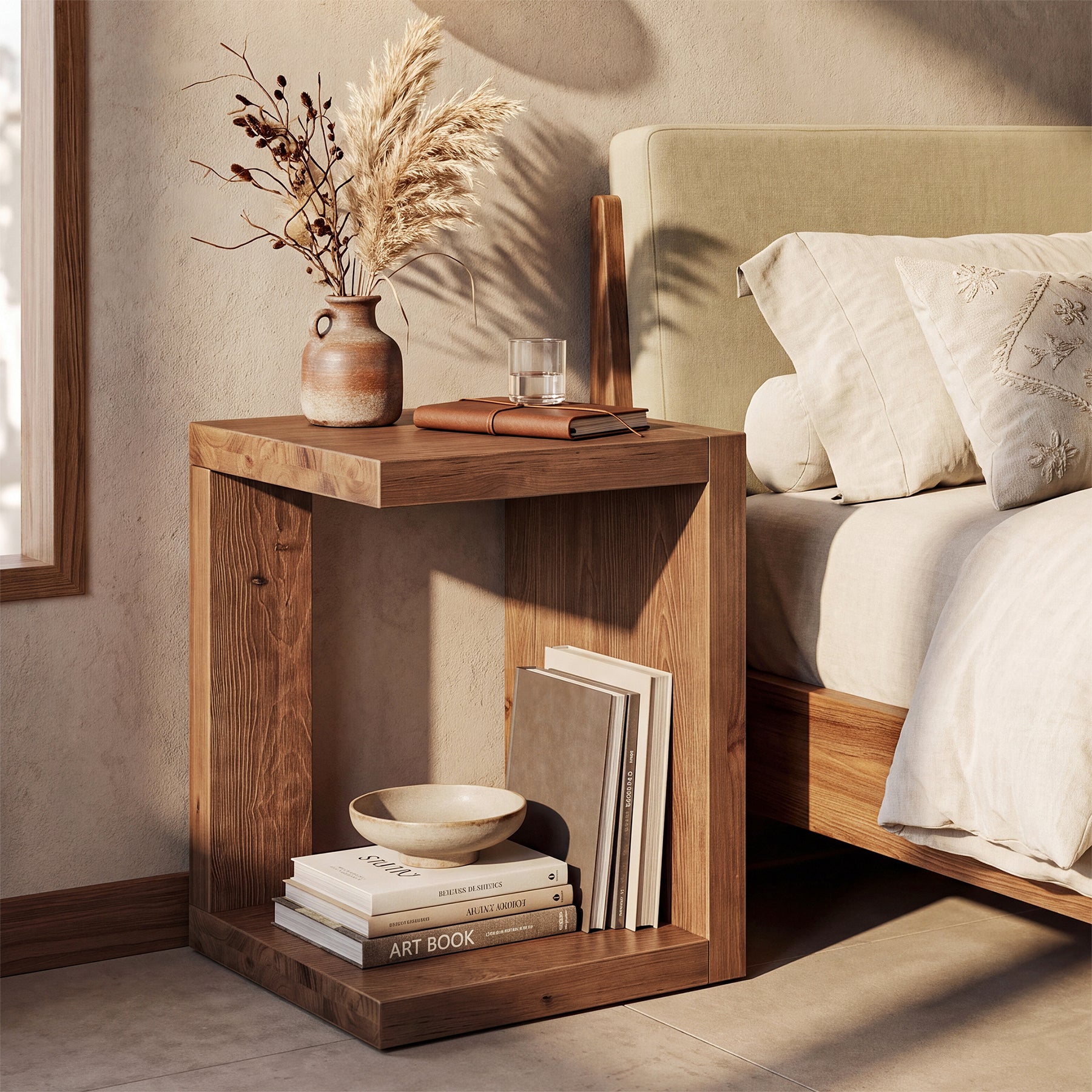 Solid Wood End Table, 2-Tier Side Table with Hollow-Frame for Living Room, Bedroom