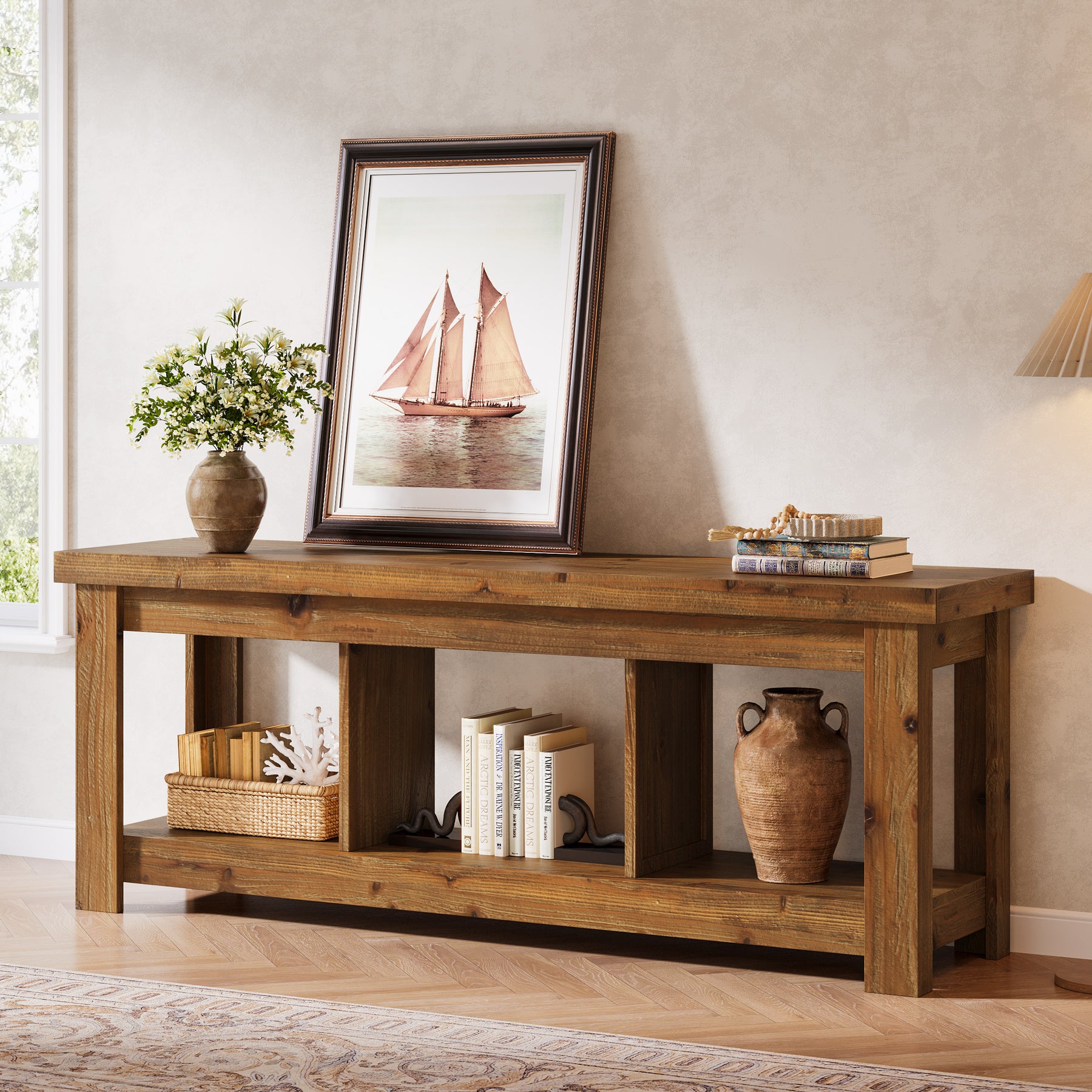 63" Solid Wood TV Stand With 3 Open Shelves for 55/60/65/75-Inch TVs