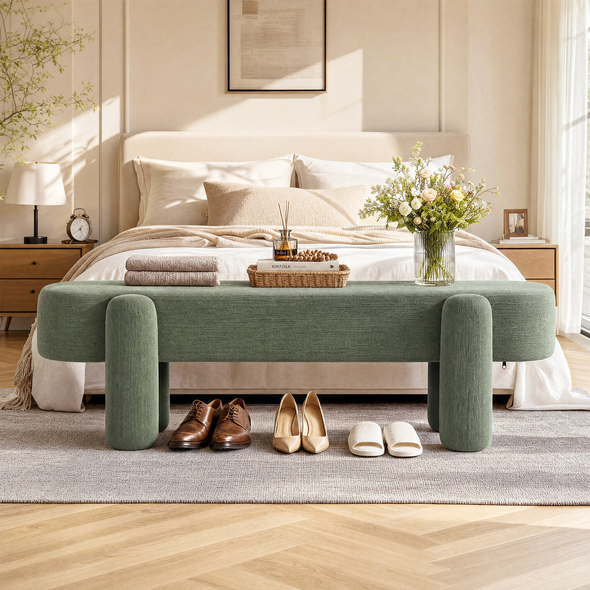Tufted Upholstered Entryway Bench, Solid Wood Frame, Modern Bedroom Bench