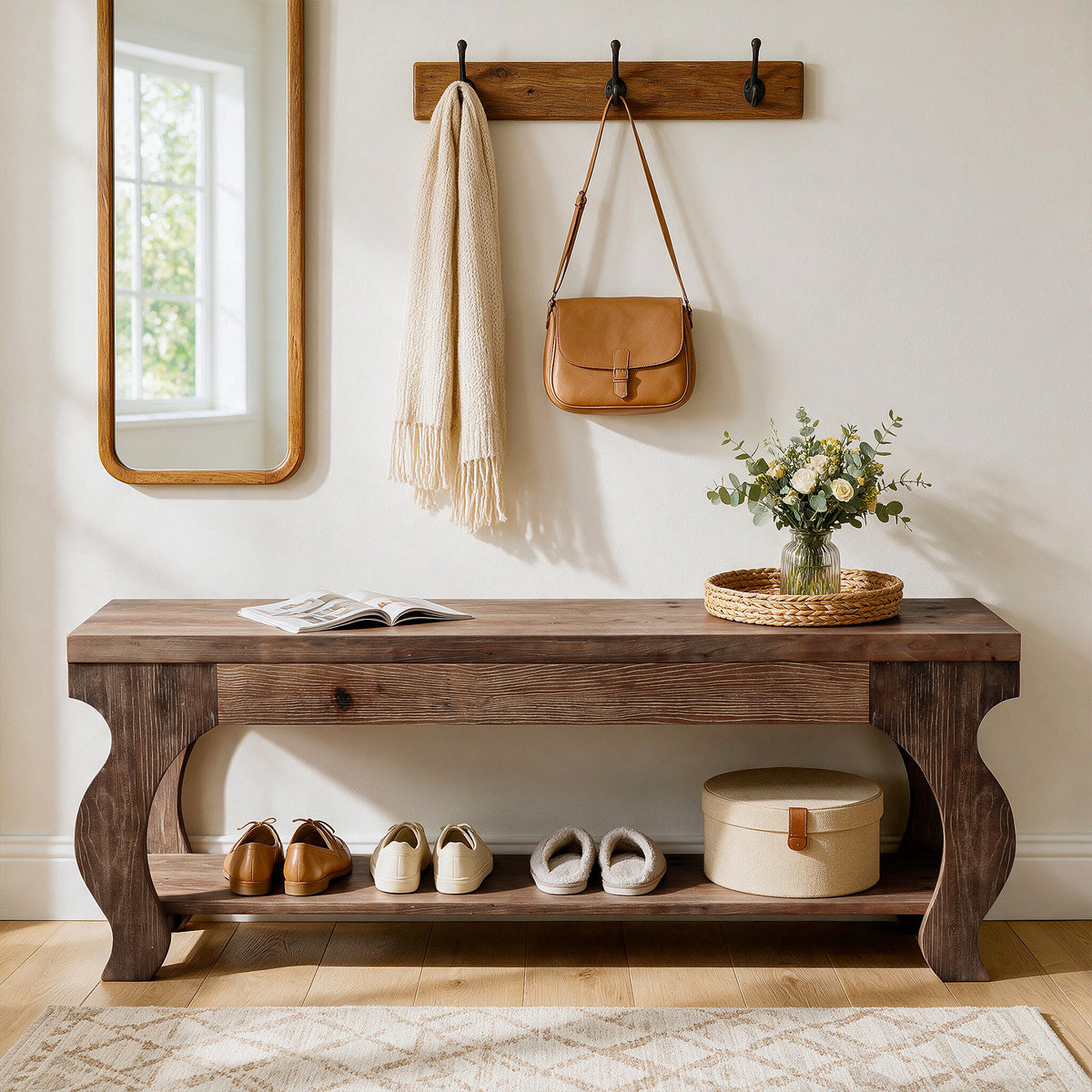 55" Solid Wood Entryway Bench with Storage Shelf, 2-Tier Farmhouse End of Bed Seat