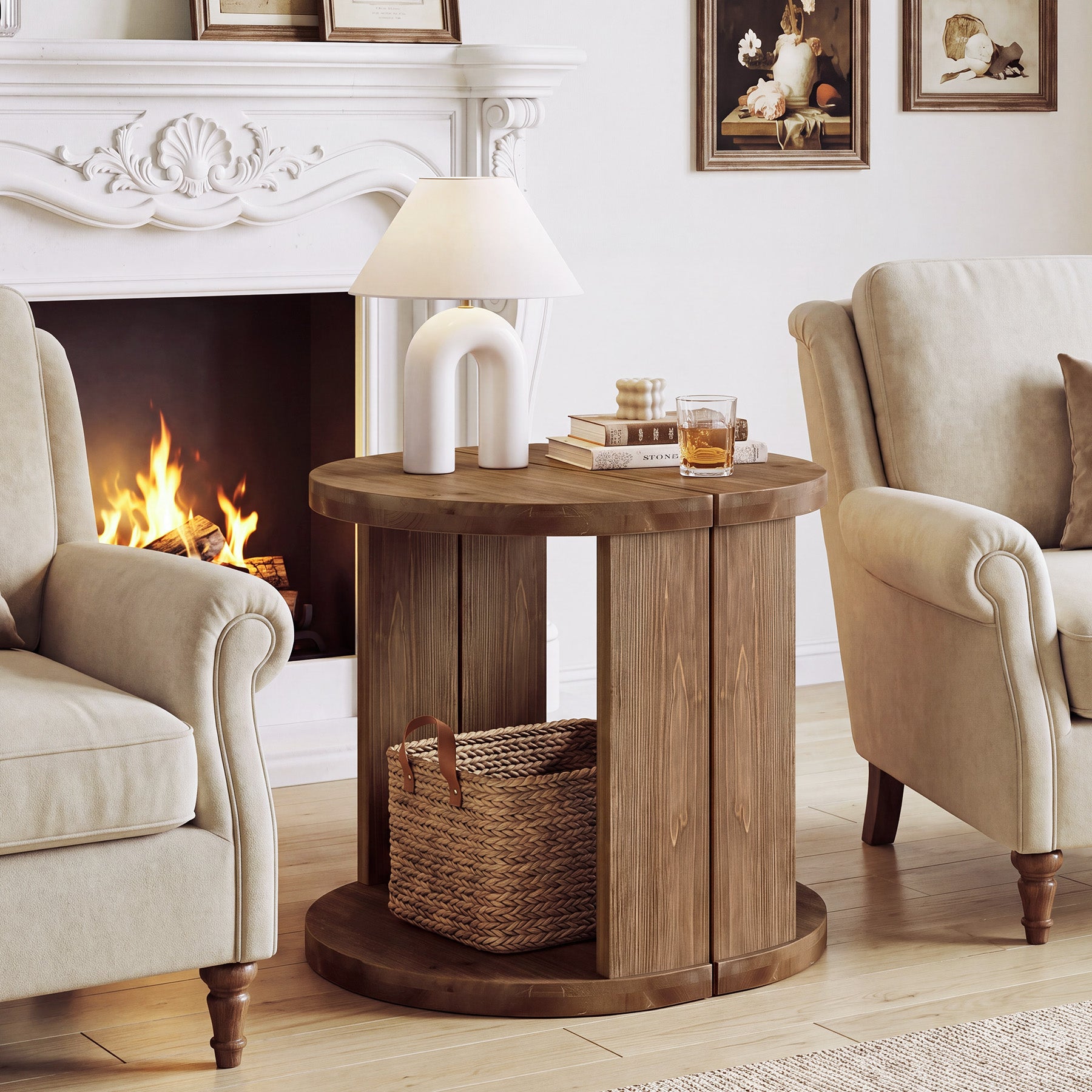 Half Moon End Table with Storage Shelf, Solid Wood Farmhouse Side Table, 2-Tier Shelves, Living Room & Bedroom