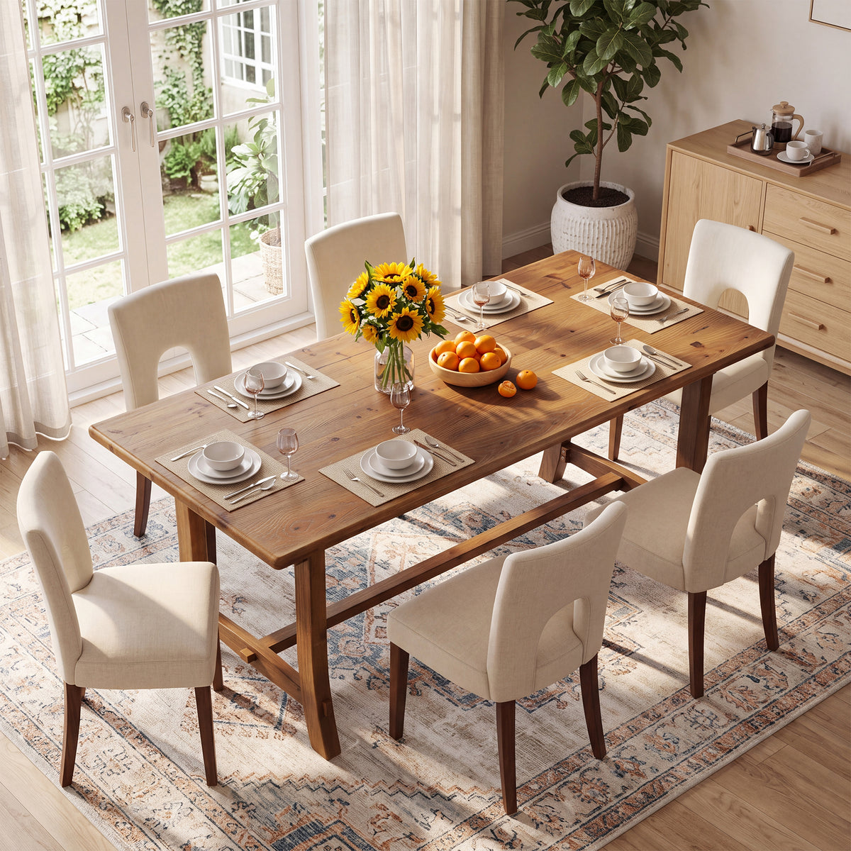 71" Farmhouse Trestle Dining Table for 6-8, Solid Wood Rectangle Kitchen Table