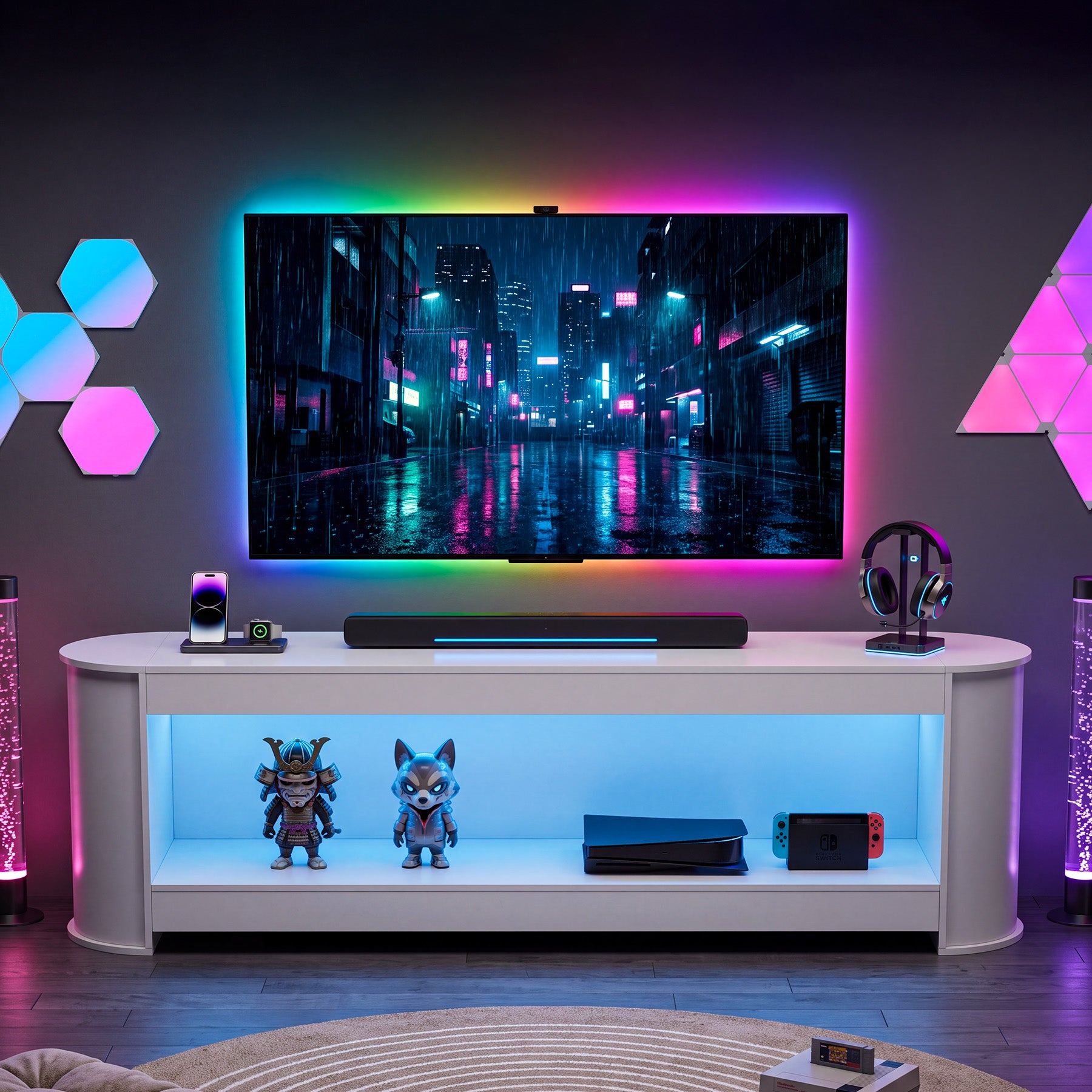 76.77" TV Stand, Modern Entertainment Center with Led Lights up to 85" TVs