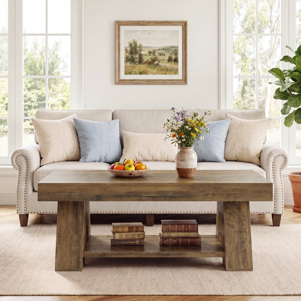 Tribesigns 55.1-Inch Farmhouse Coffee Table with Storage Shelf, Large Rectangle Center Table for Living Room