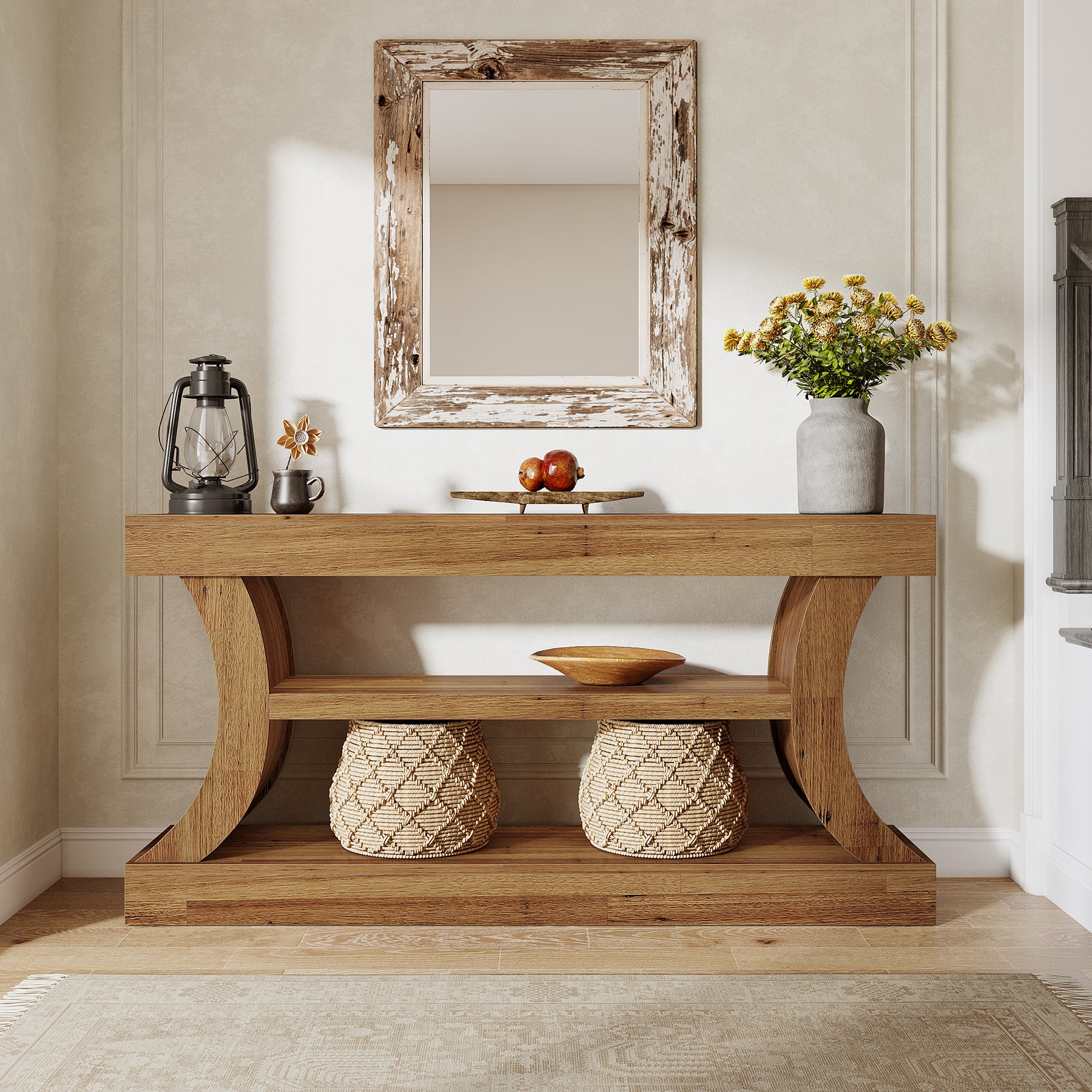 63" Farmhouse Console Table with Storage, Curved Entryway Sofa Table & TV Console with 3-Tier Shelves