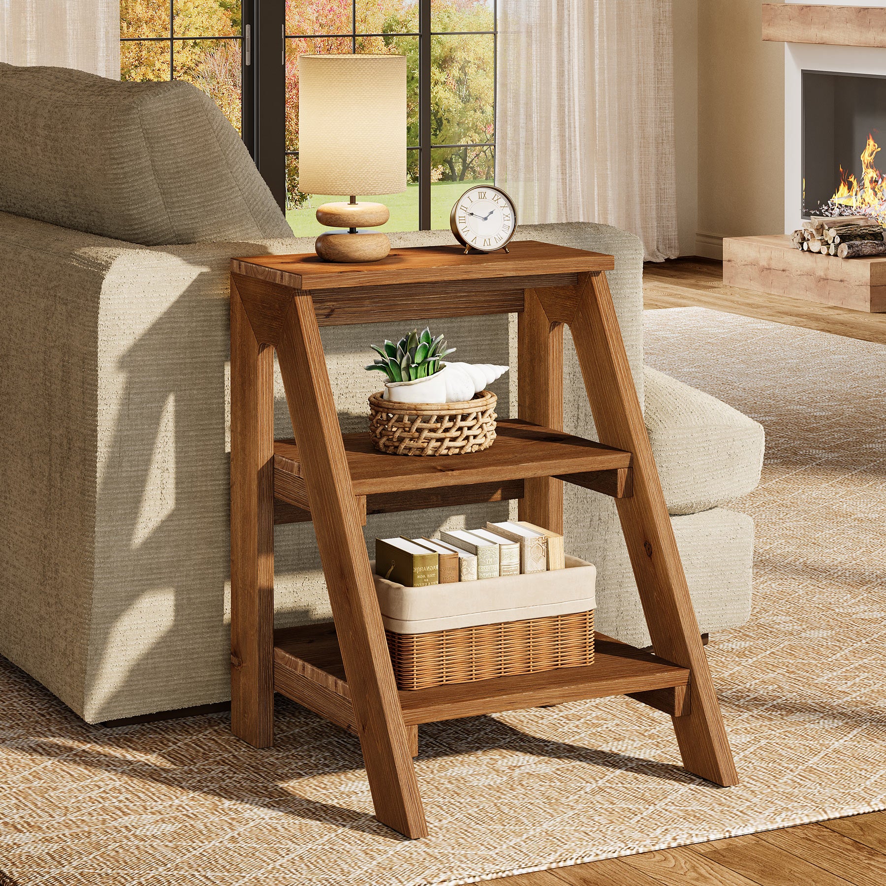 Solid Wood End Table, 3-Tier Farmhouse Side Table with Shelves