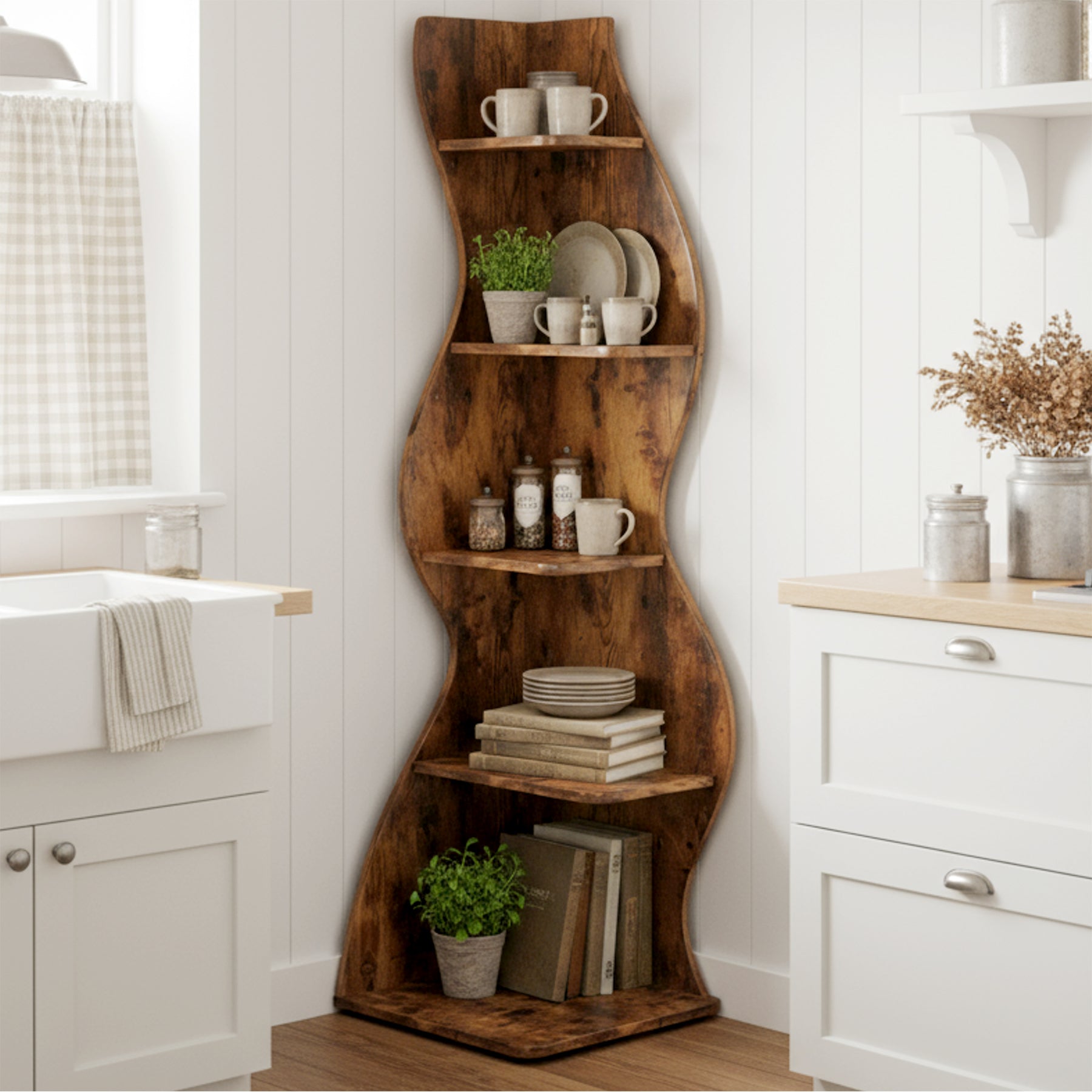 5-Tier Corner Bookcase, Rustic Freestanding Corner Shelf for Small Spaces