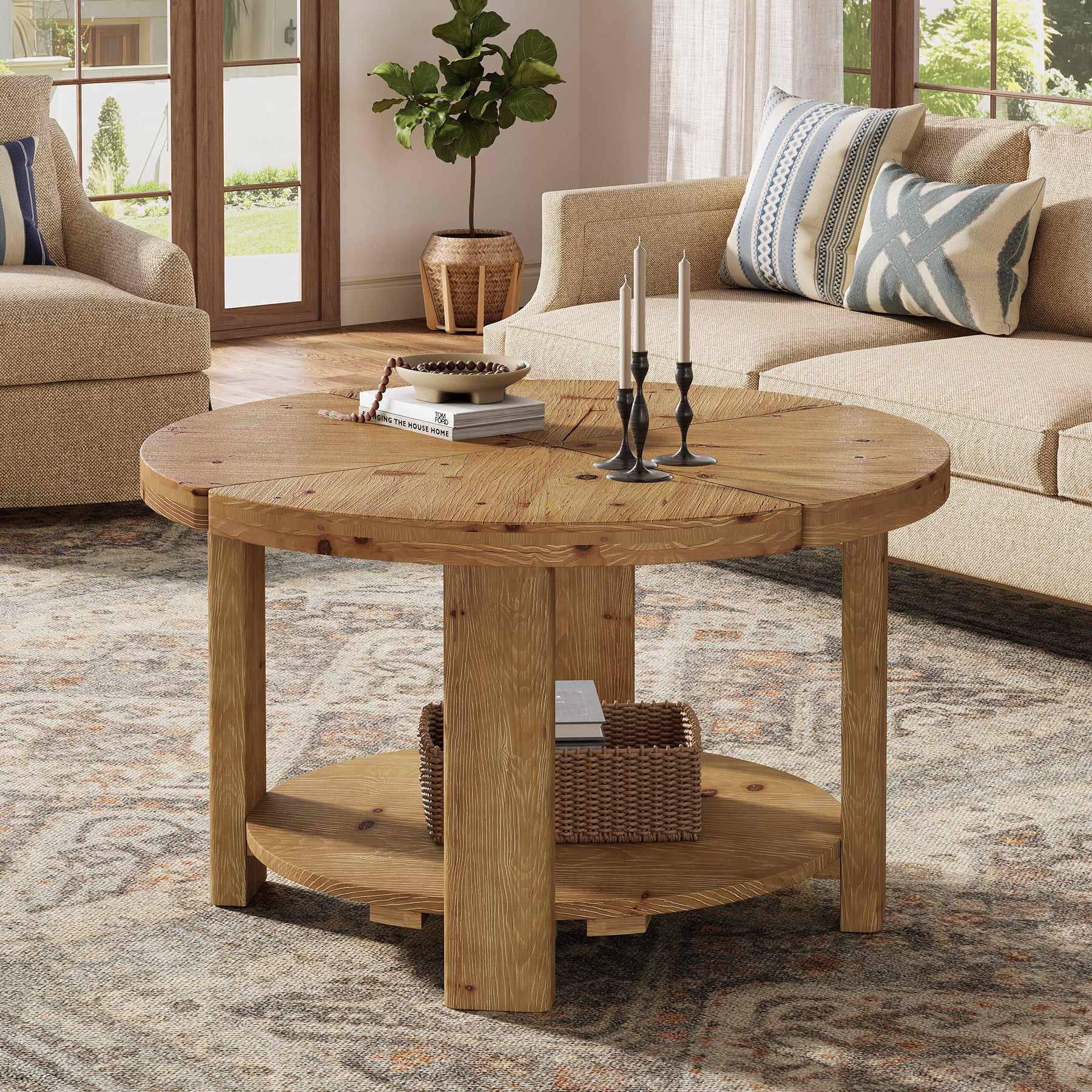 31.5" Solid Wood Coffee Table, Round Center Table with 2-Tier Storage