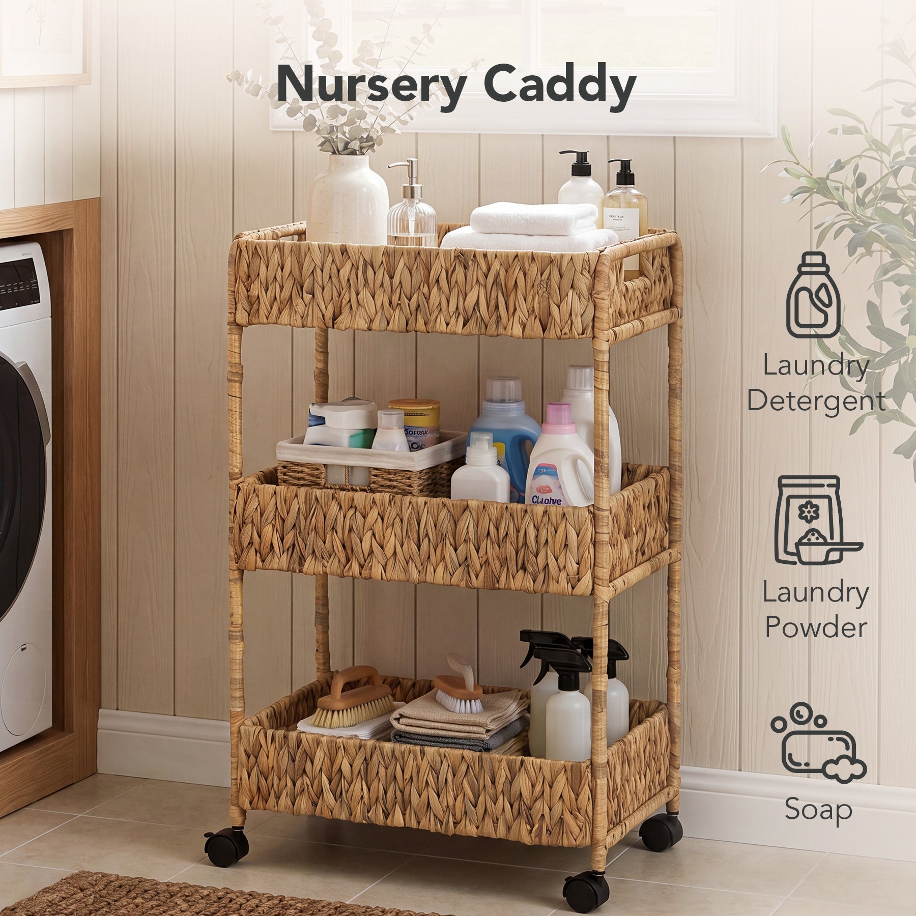 3-Tier Water Hyacinth Rolling Cart, Utility Storage Cart with Wheels for Bathroom Kitchen
