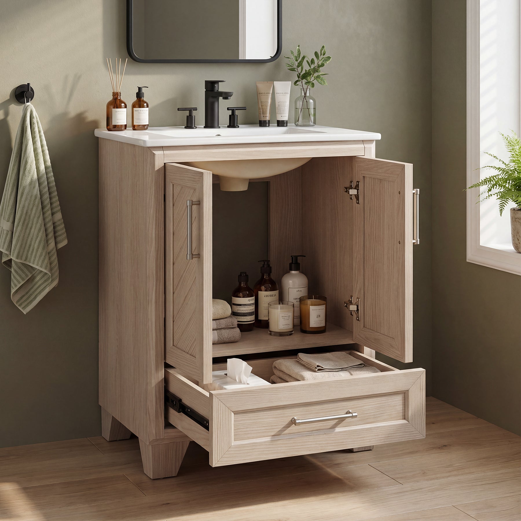 24" Bathroom Vanity, Modern Bathroom Cabinet with Sink & Carved Doors
