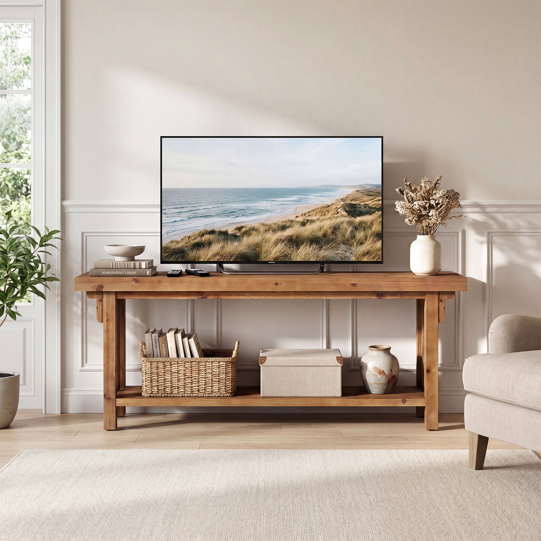 63" Solid Wood TV Stand, Farmhouse Entertainment Center with Storage Shelf for 75" TVs