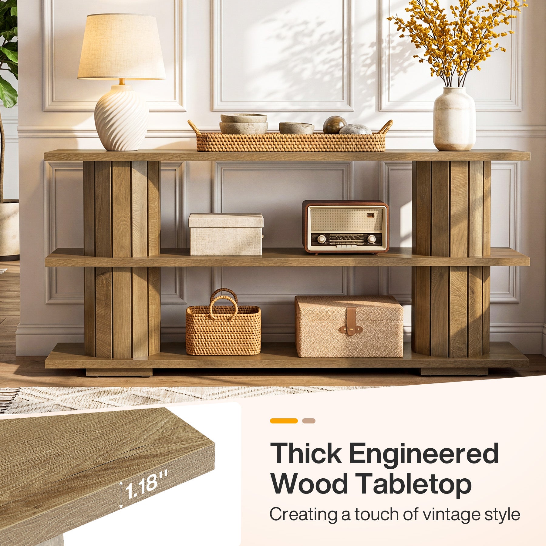 63" Console Table with Storage Shelves, Long Narrow Entryway Sofa Table with 3-Tier Shelving