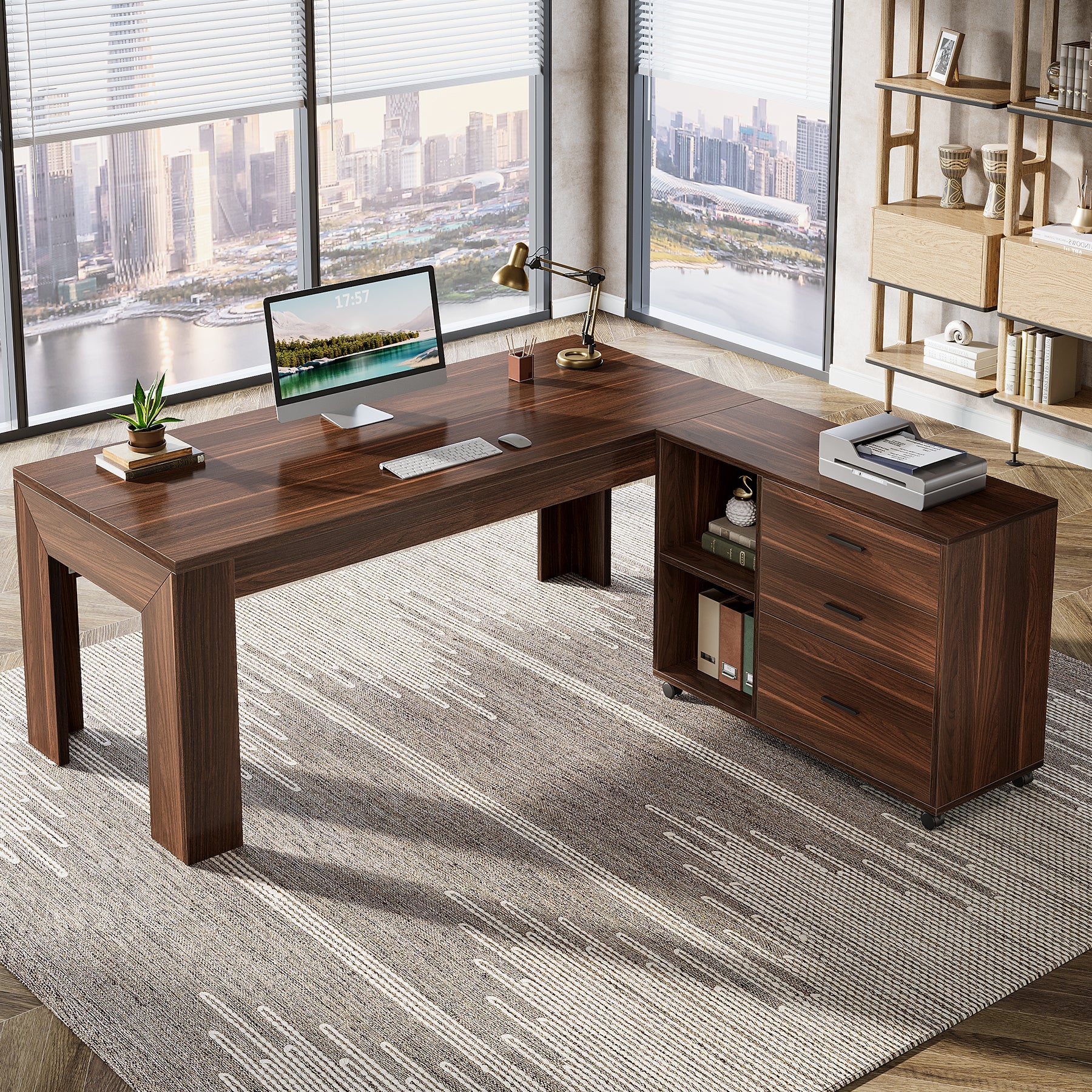 Walnut 63 inch executive desk with mobile file cabinet for home office