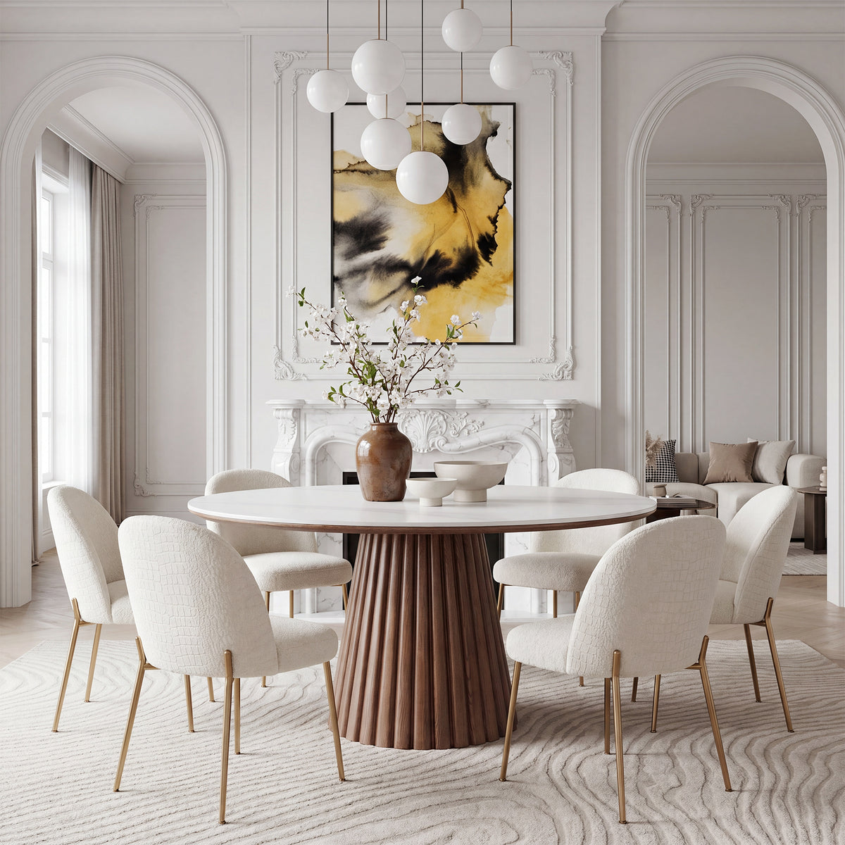 Round Sintered Stone Dining Table for 4 People, 47" Kitchen Table with Fluted Conical Pedestal