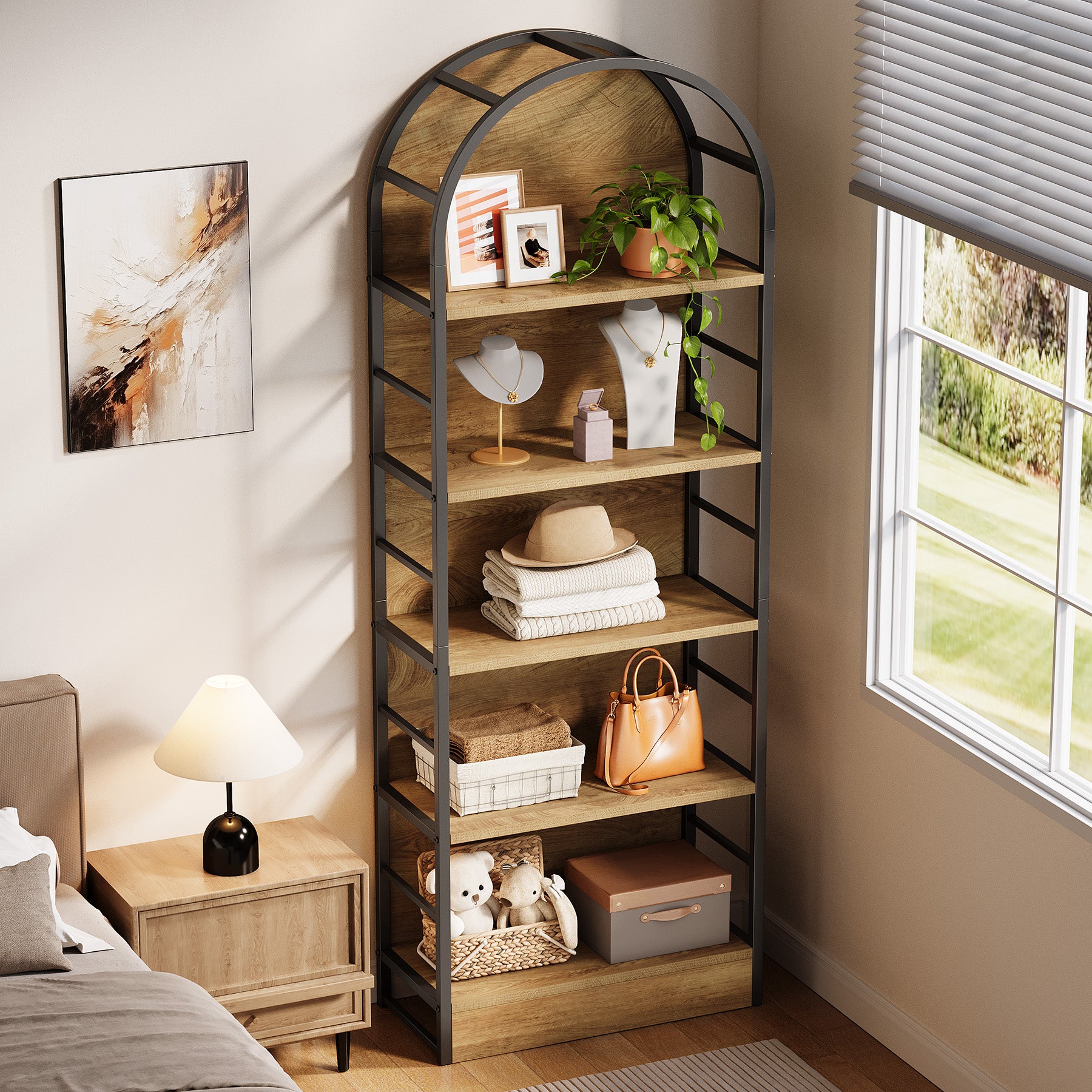 5 Tier Arched Bookcase, 70.8" Industrial Bookshelves for Living Room