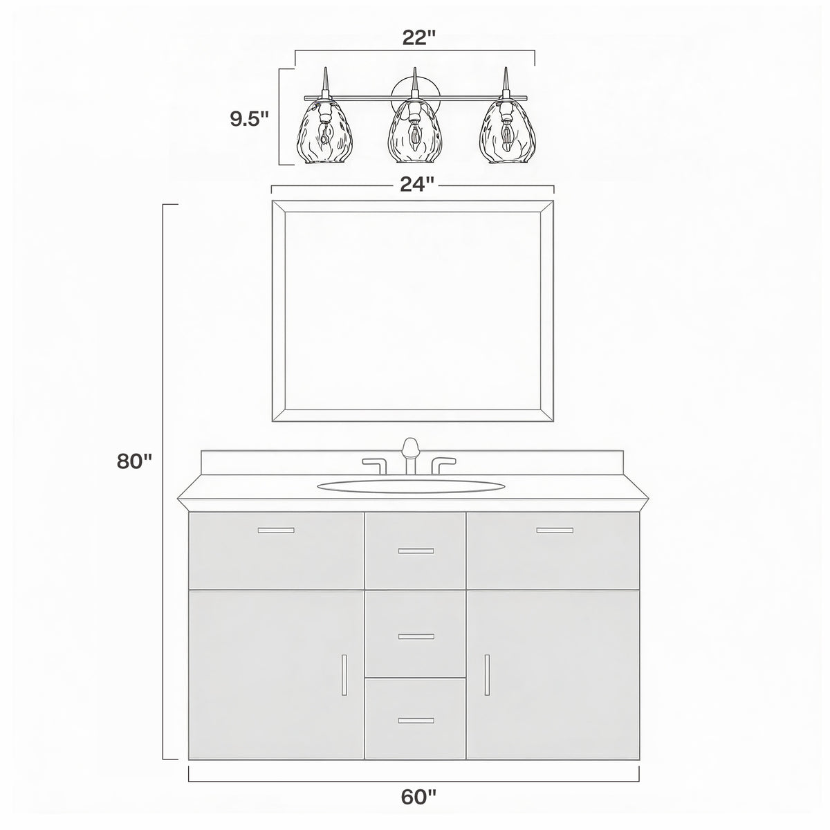 3-Light 22" Bathroom Vanity Light, Matte Black Wall Sconce with Hammered Glass