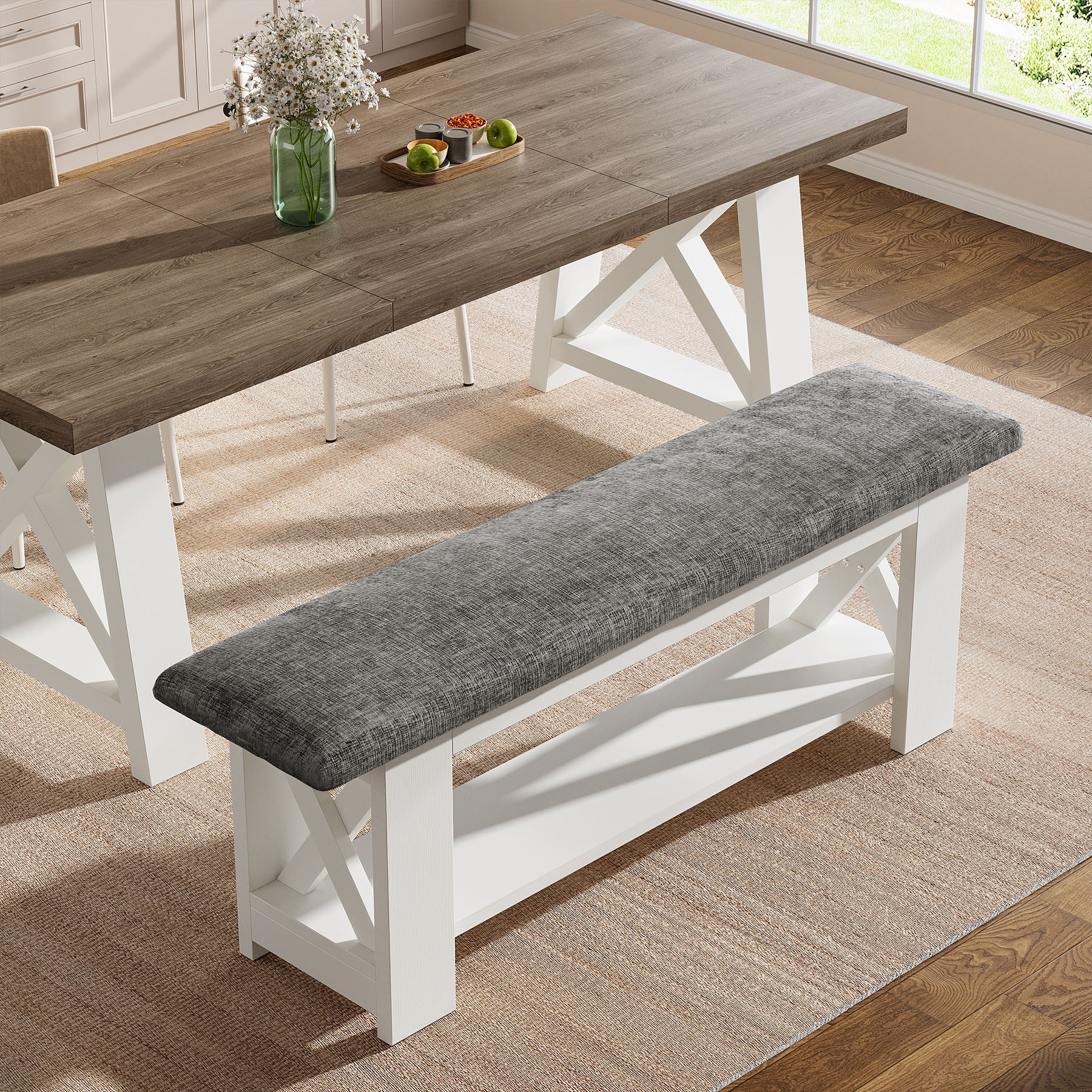 47.24" Upholstered Dining Bench, 2-Tier Kitchen Table Stool Cushion Seat