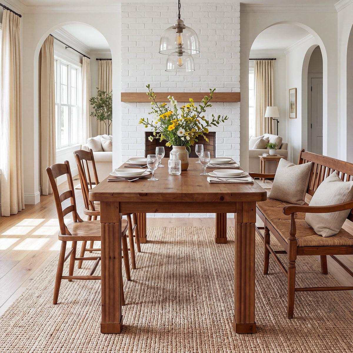 63" Farmhouse Solid Wood Dining Table for 4-6, Fluted Legs