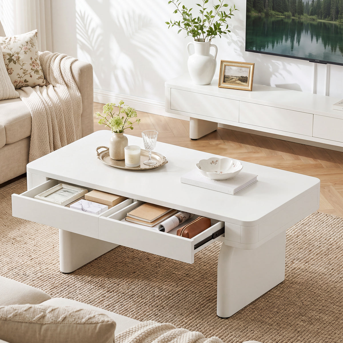 47.24 Inch White Coffee Table with 2 Drawers and Storage, Modern Rectangular Center Table for Living Room