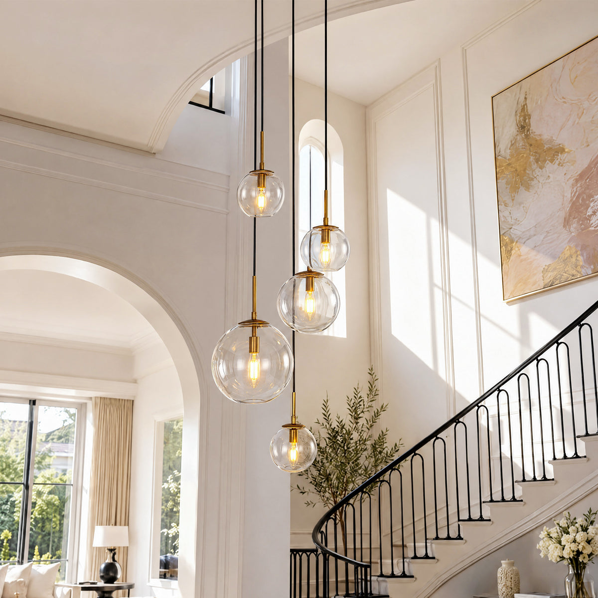 5-Light Modern Globe Pendant Light, Gold Chandelier with Adjustable Cords