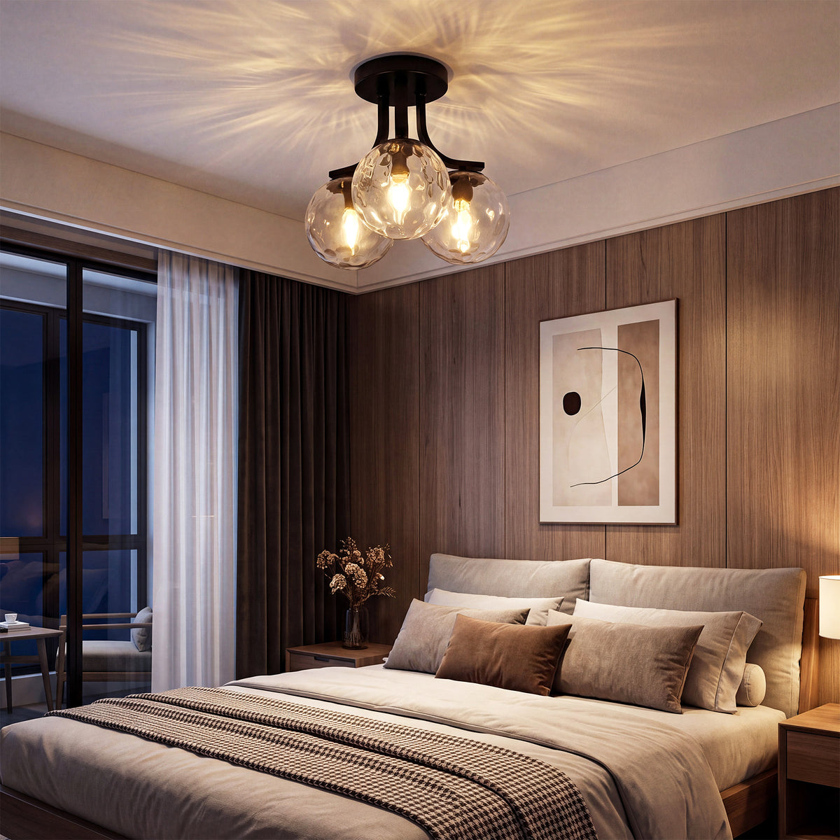 3-Light Semi Flush Mount Ceiling Light with Clear Bubble Glass Globes