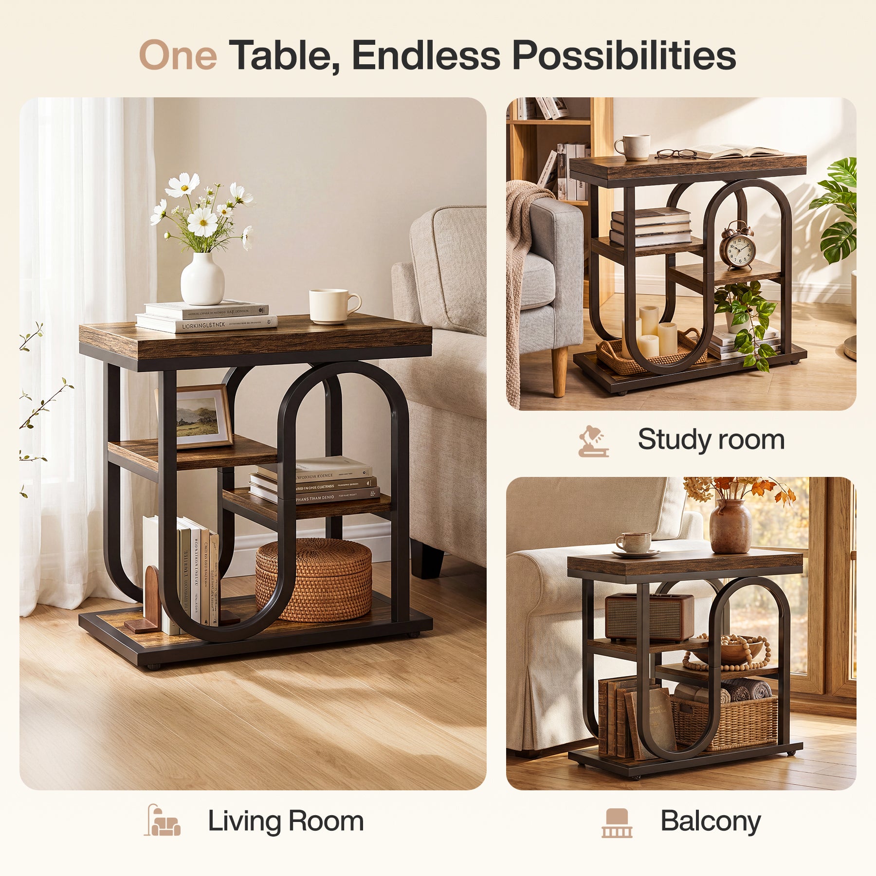 23.6" Narrow End Table, 4-Tier Side Table Nightstand for Living Room