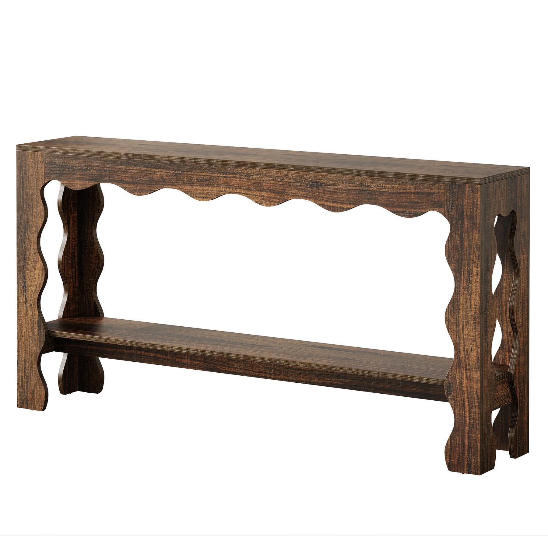 63" Console Table, 2-Tier Narrow Sofa Table with Storage and Scalloped Curves