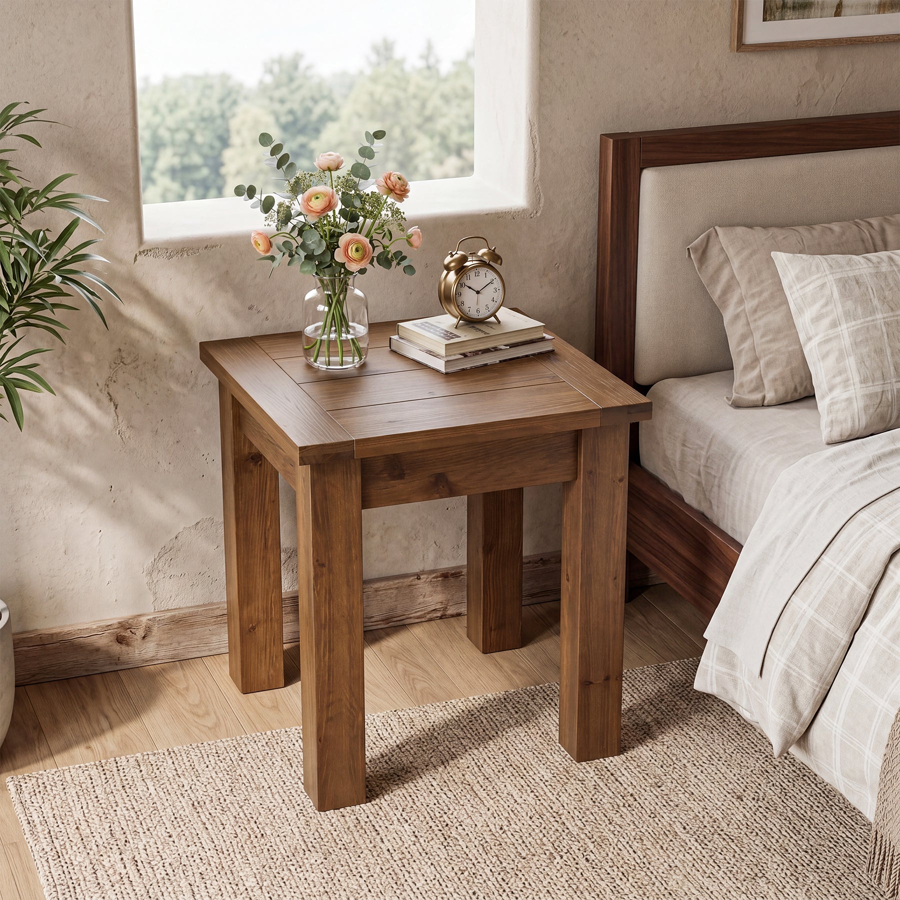 Square Solid Wood Side Table, Farmhouse End Tale with Stable Legs for Small Spaces