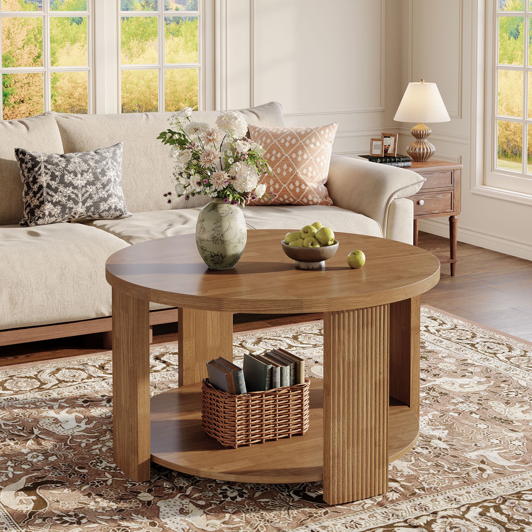 2-Tier Round Coffee Table, 31.5" Circle Accent Center Table with Thick Tabletop