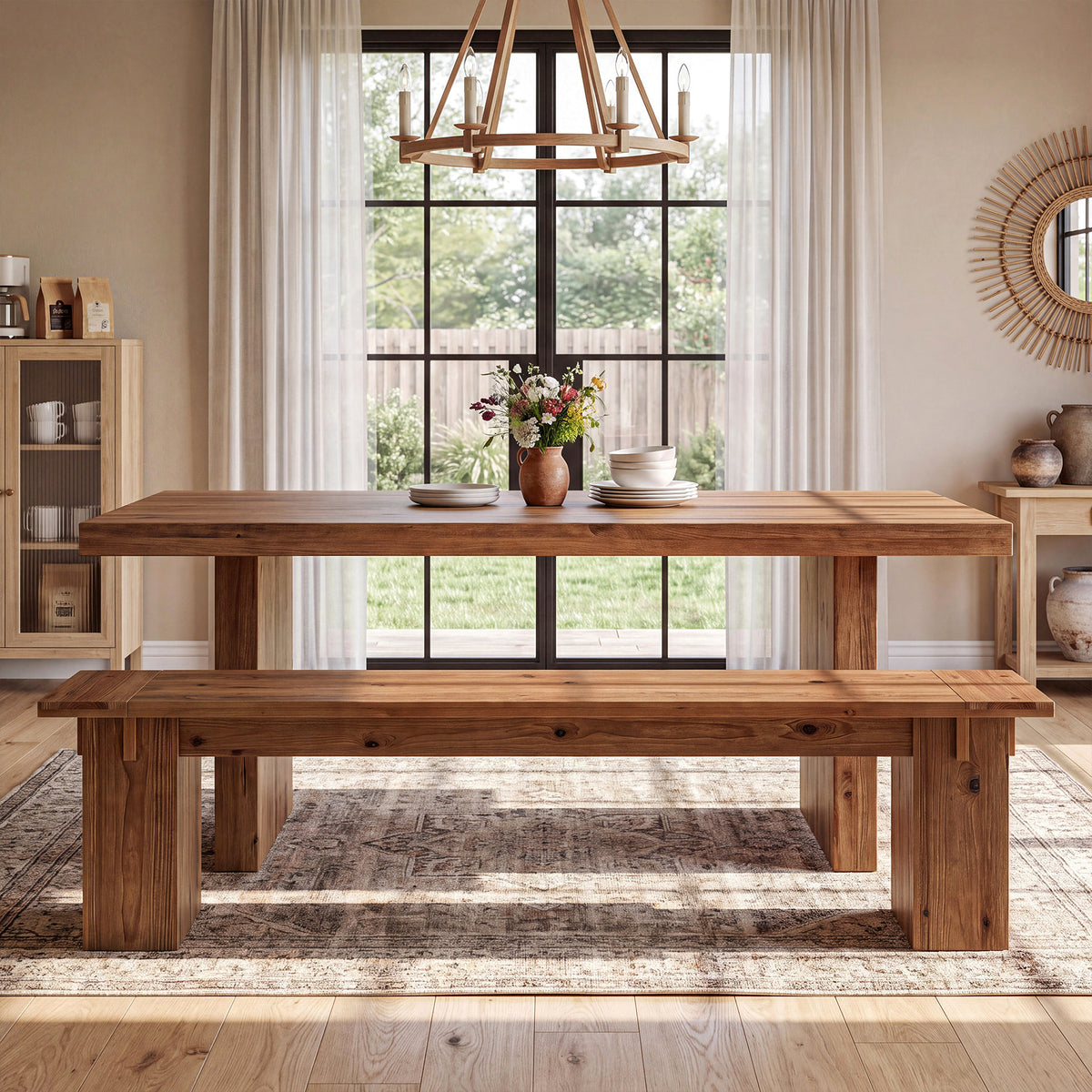 71" Farmhouse Solid Wood Dining Bench with Thick Legs, Kitchen & Dining Room Bench