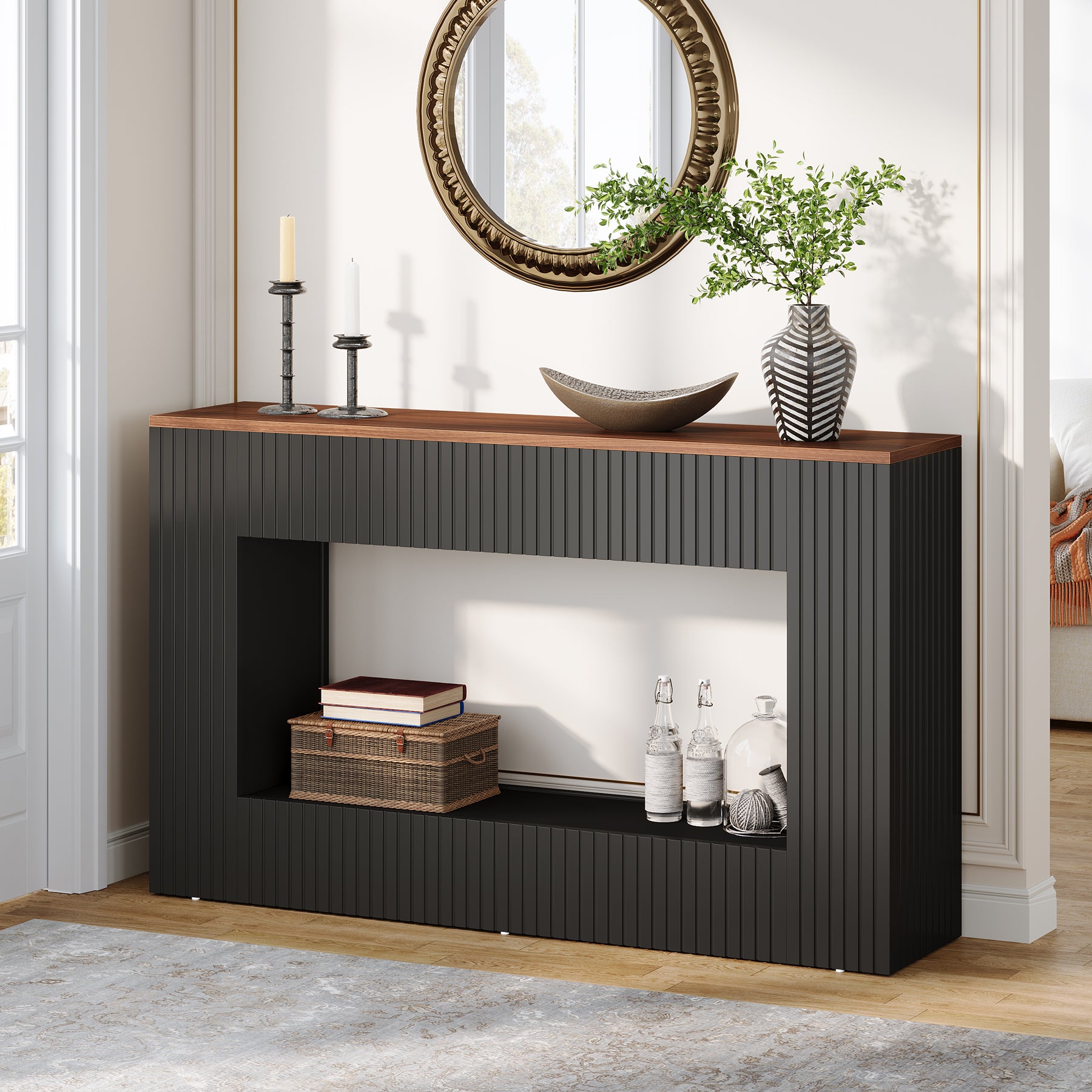 55" Console Table, Wood Entryway Table Sofa Table with Storage