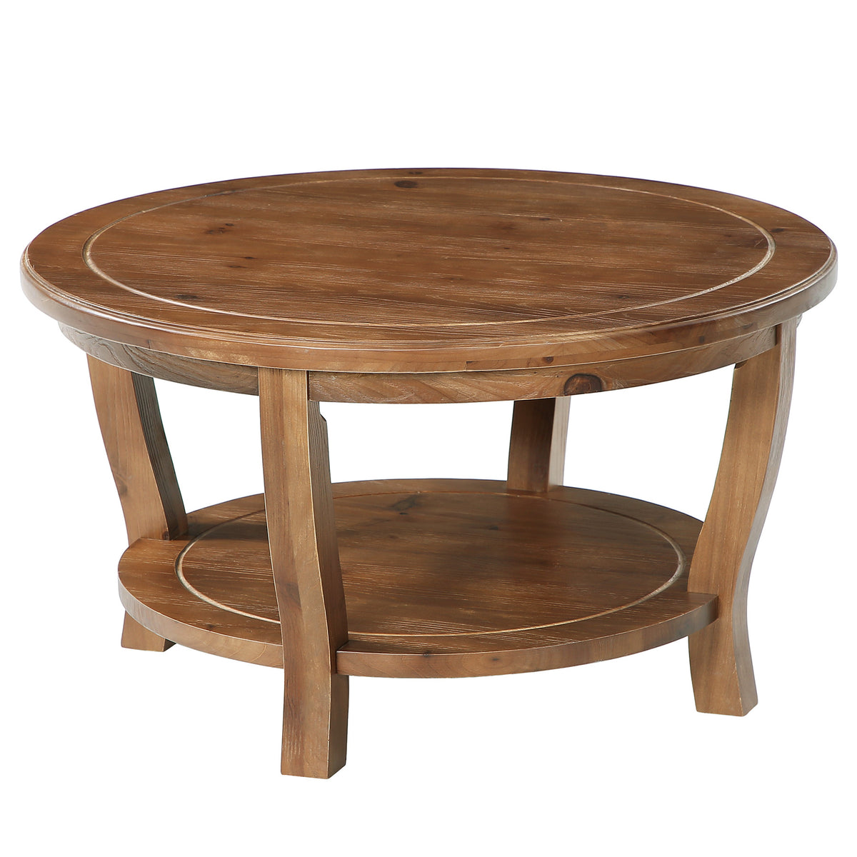31.5" Round Solid Wood Coffee Table, 2-Tier Farmhouse Center Table with Curved Legs