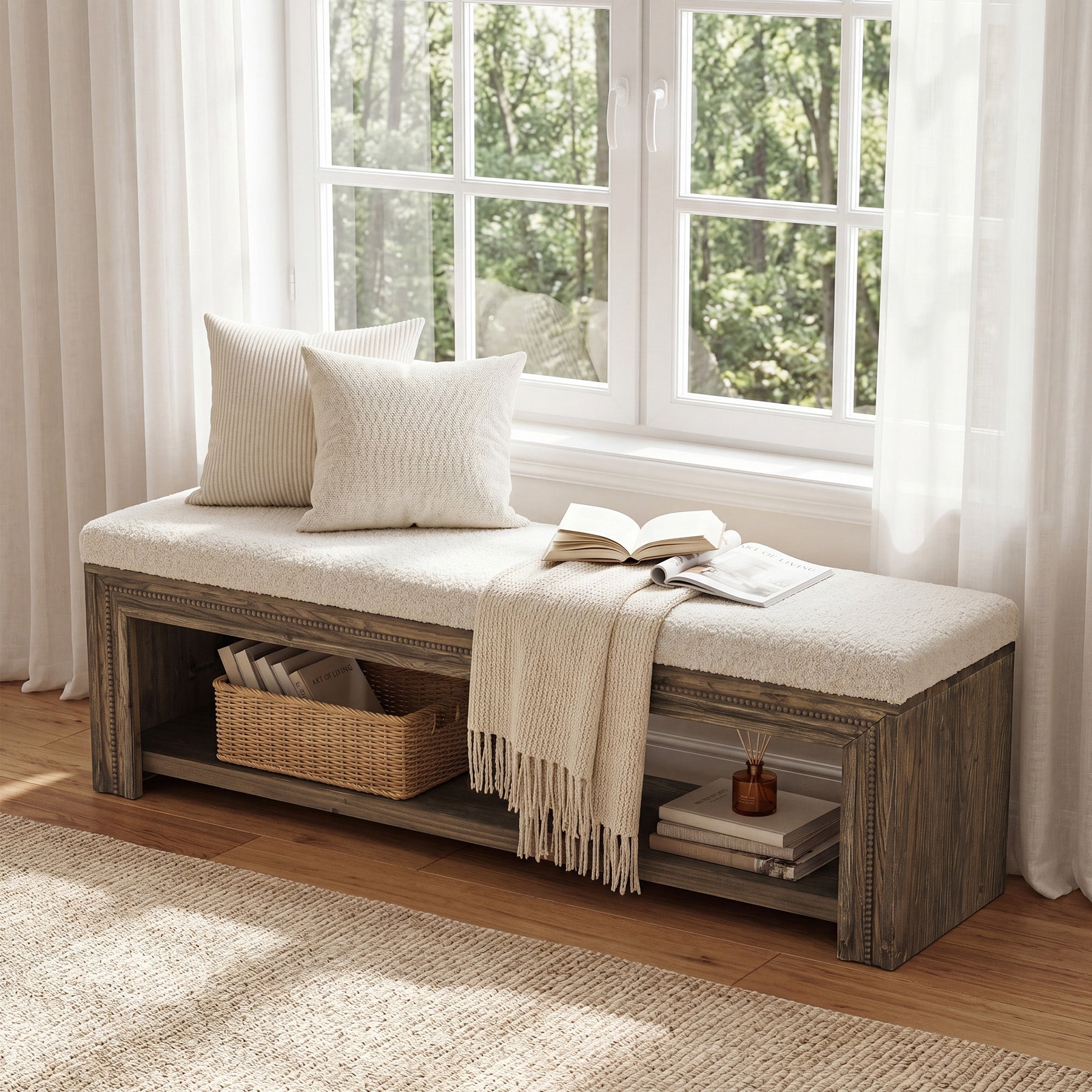 Solid Wood End of Bed Bench, 55.12" Upholstered Bed Bench with Storage for Bedroom