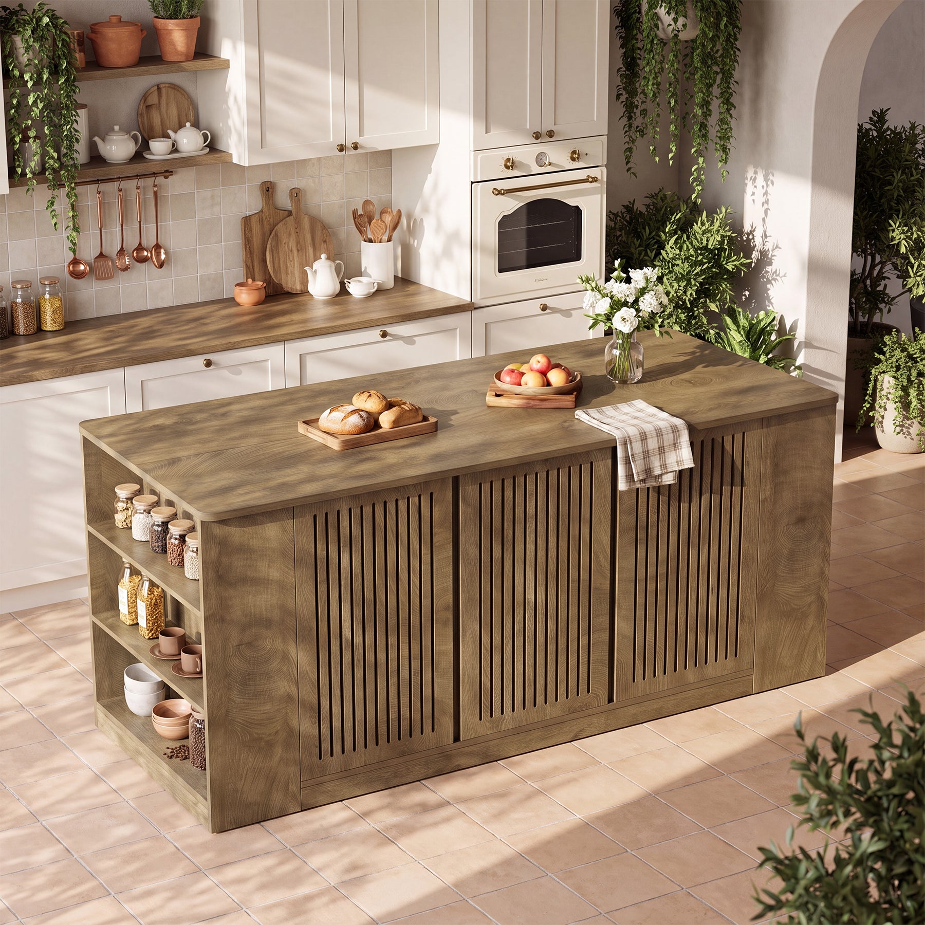 71" Kitchen Island with Slatted Doors Cabinet & 6 Open Shelves for Apartment & Home