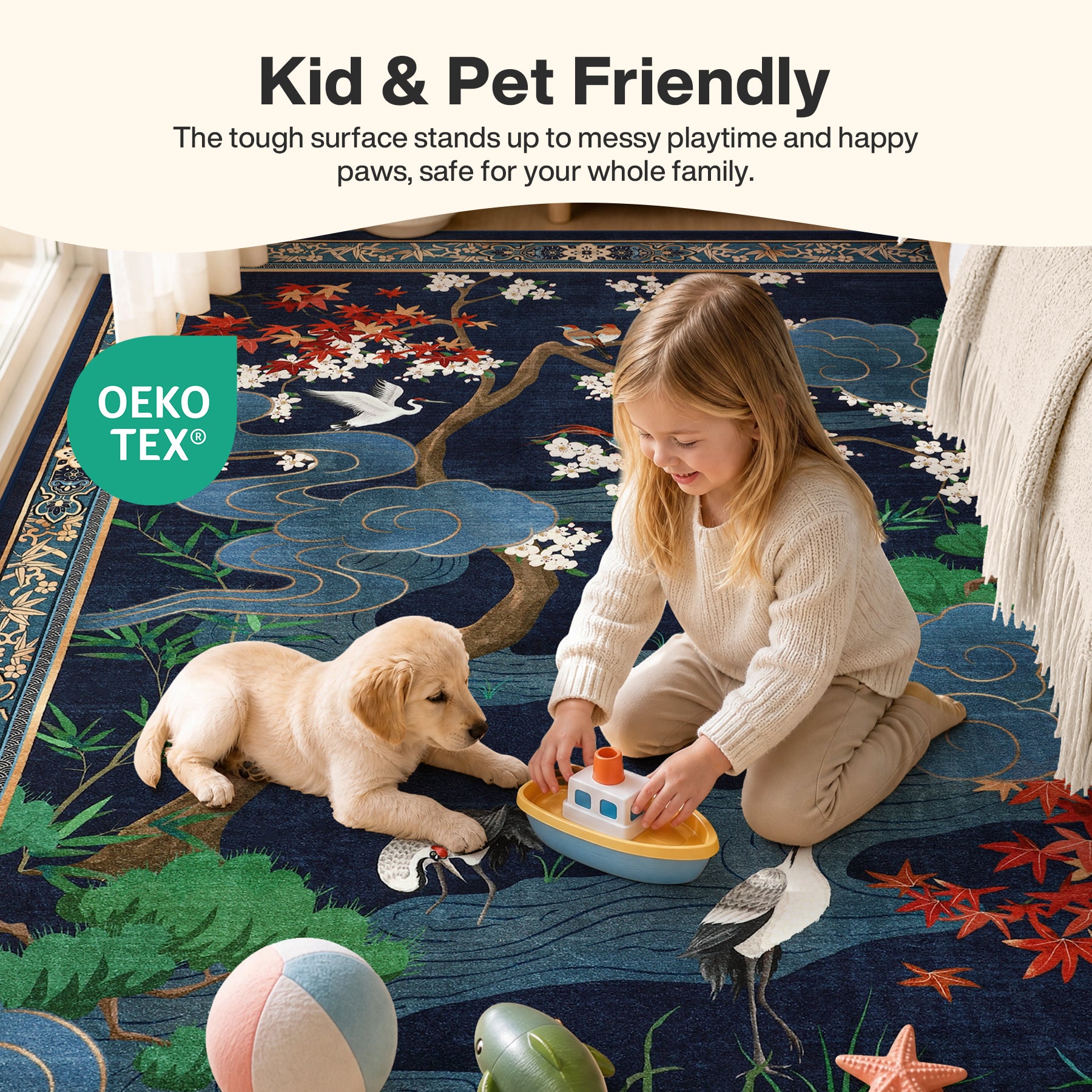 Floral Cherry Blossom Oriental Rug – Soft Non-Slip Washable Carpet for Living Room, Bedroom, Oeko-Tex Certified