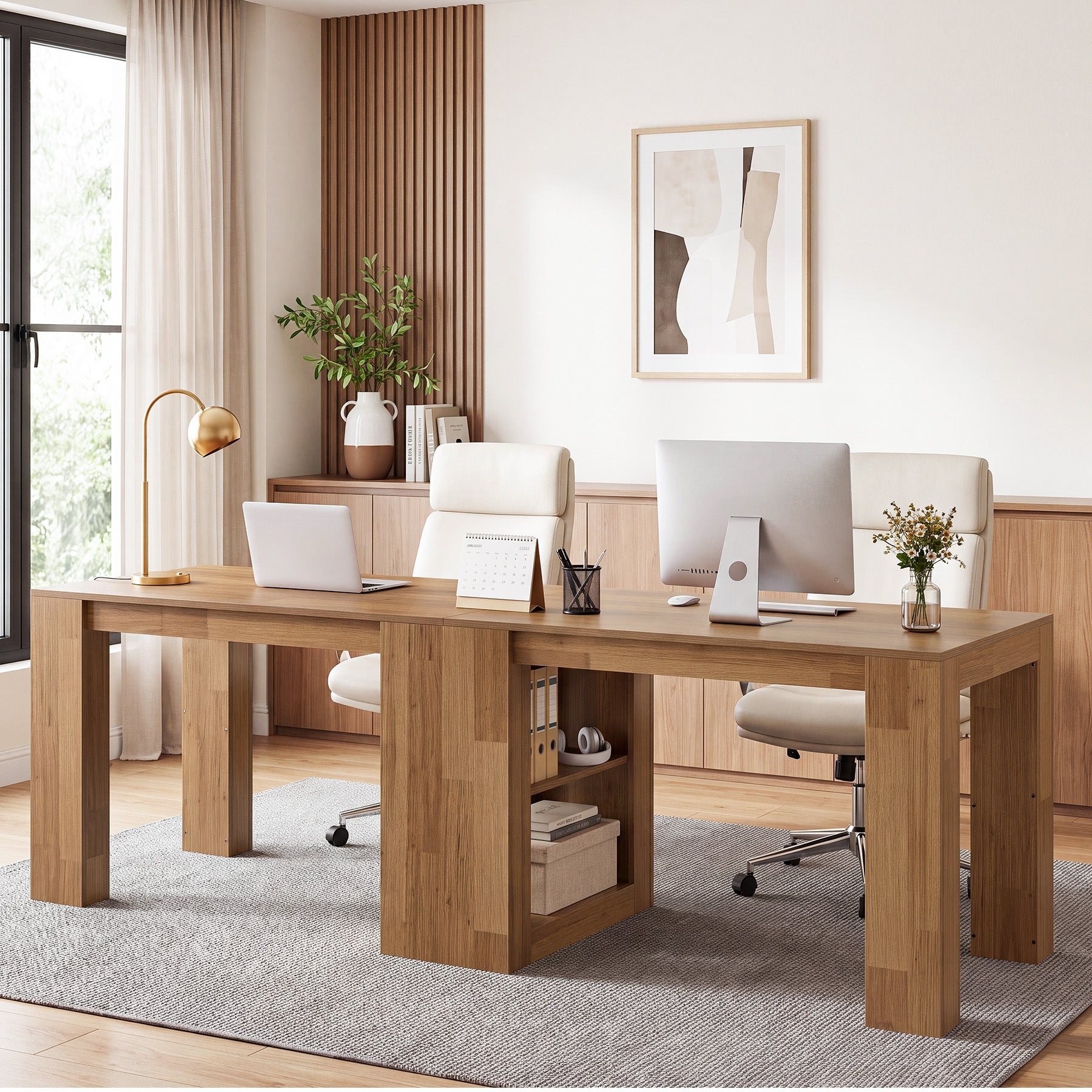 78.7" Two-Person Desk, Extra-Long Computer Desk with Shelves Fits 2 Monitors
