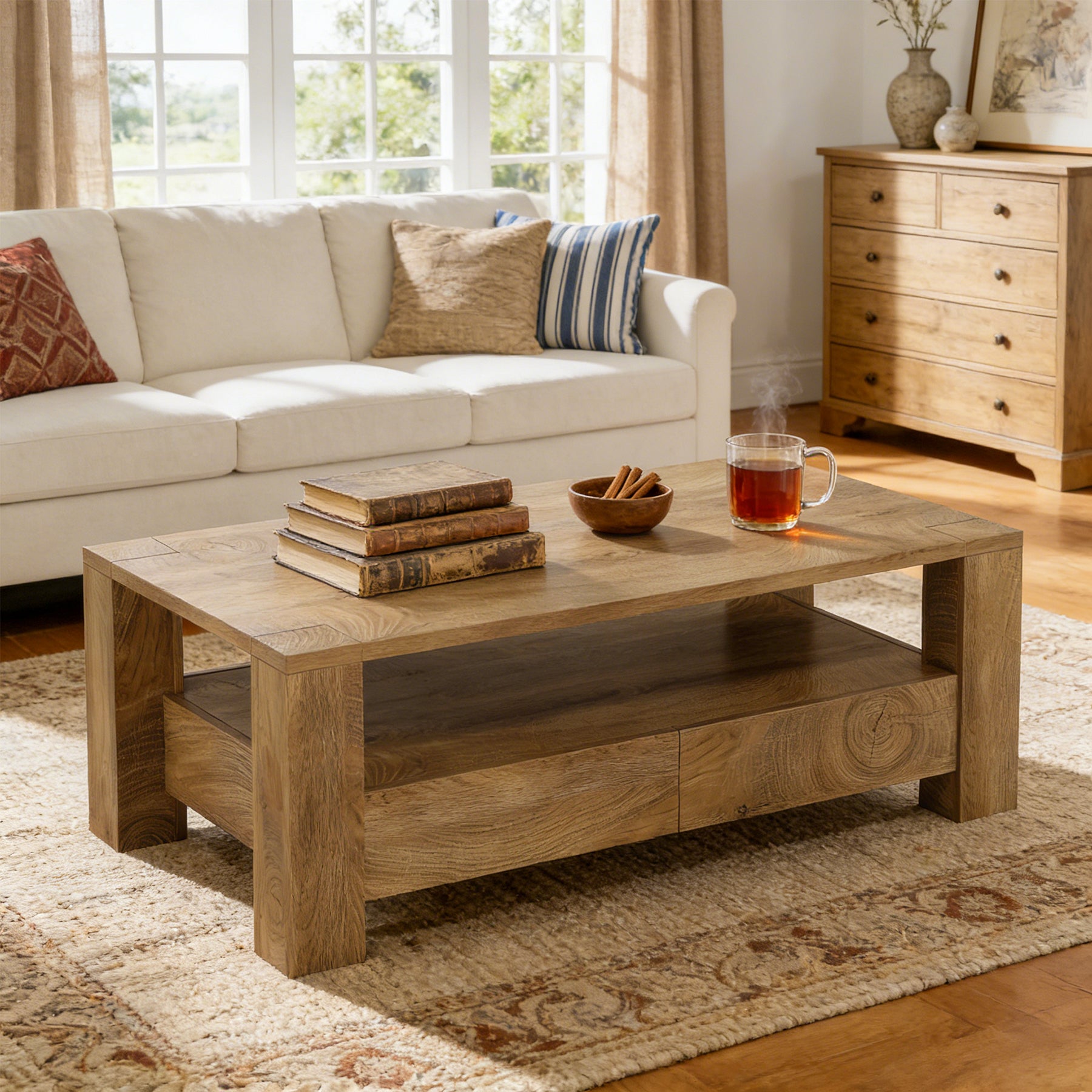 Rectangle Coffee Table, 47" Center Tea Table with 2 Drawers & Open Shelf
