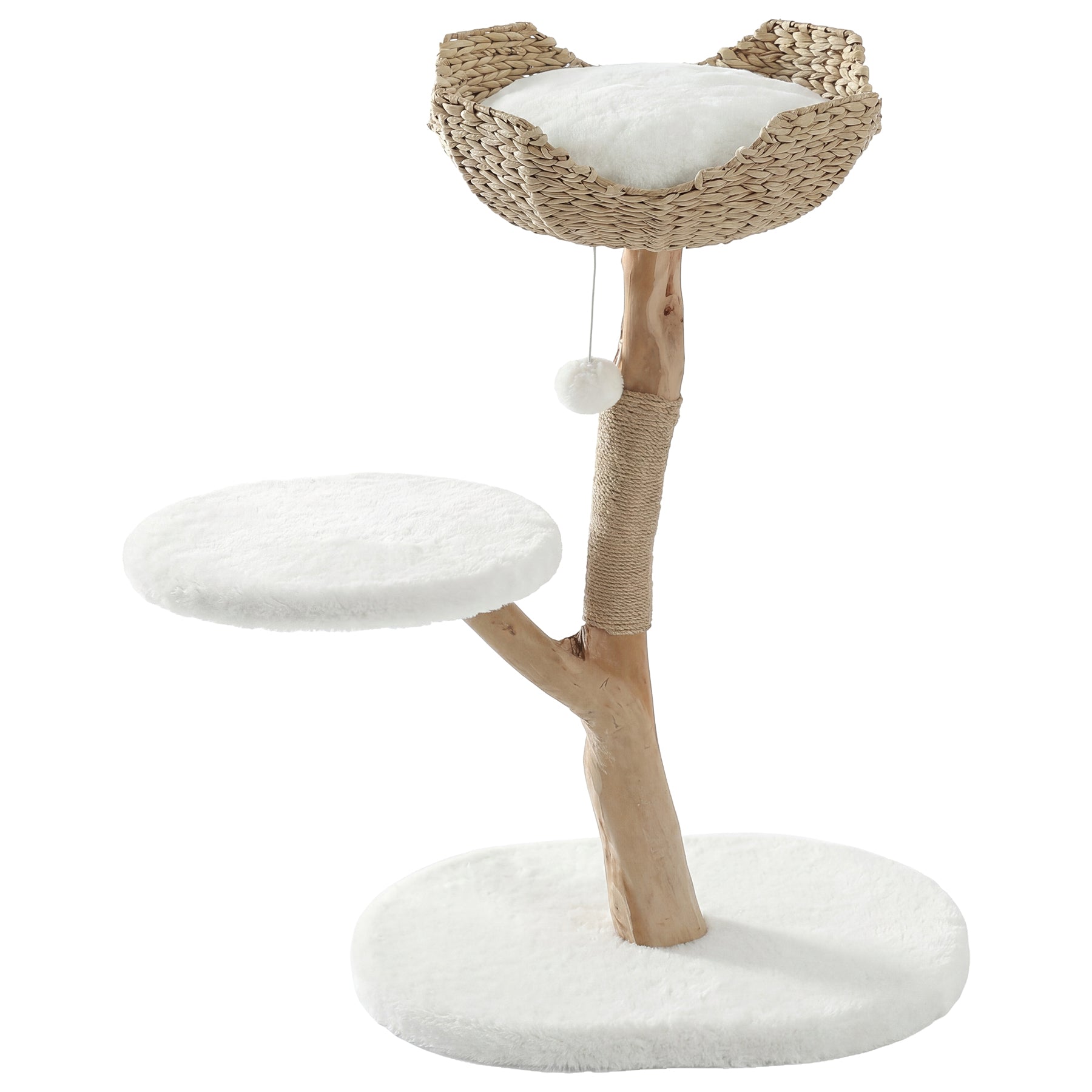 35" Tall Solid Wood Cat Tree, Boho Cat Tower with Cat Ear Wicker Basket Bed with Real Branch Design