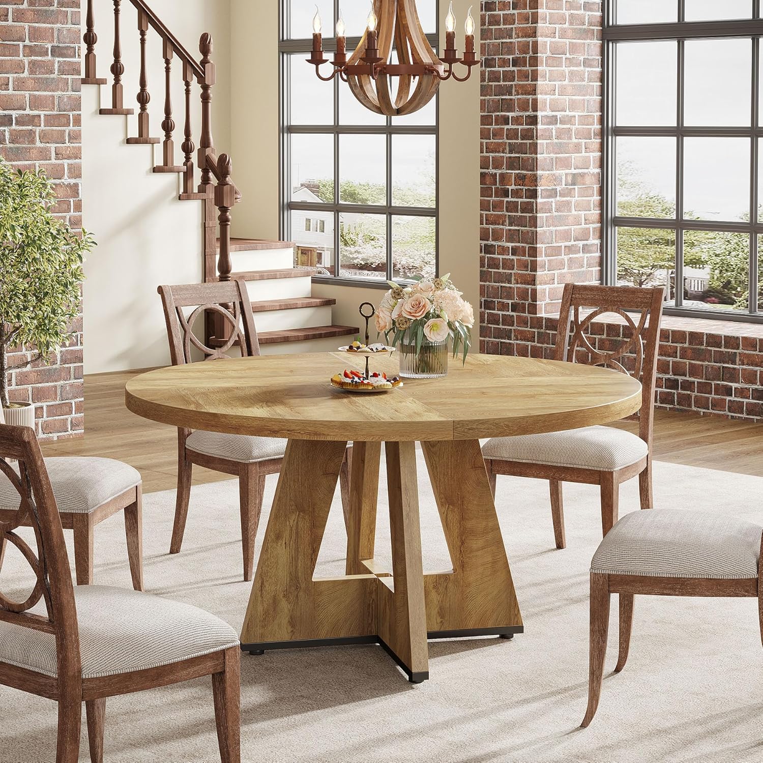 47-Inch Round Farmhouse Dining Table for 4–6 with Cross-Style Pedestal Base