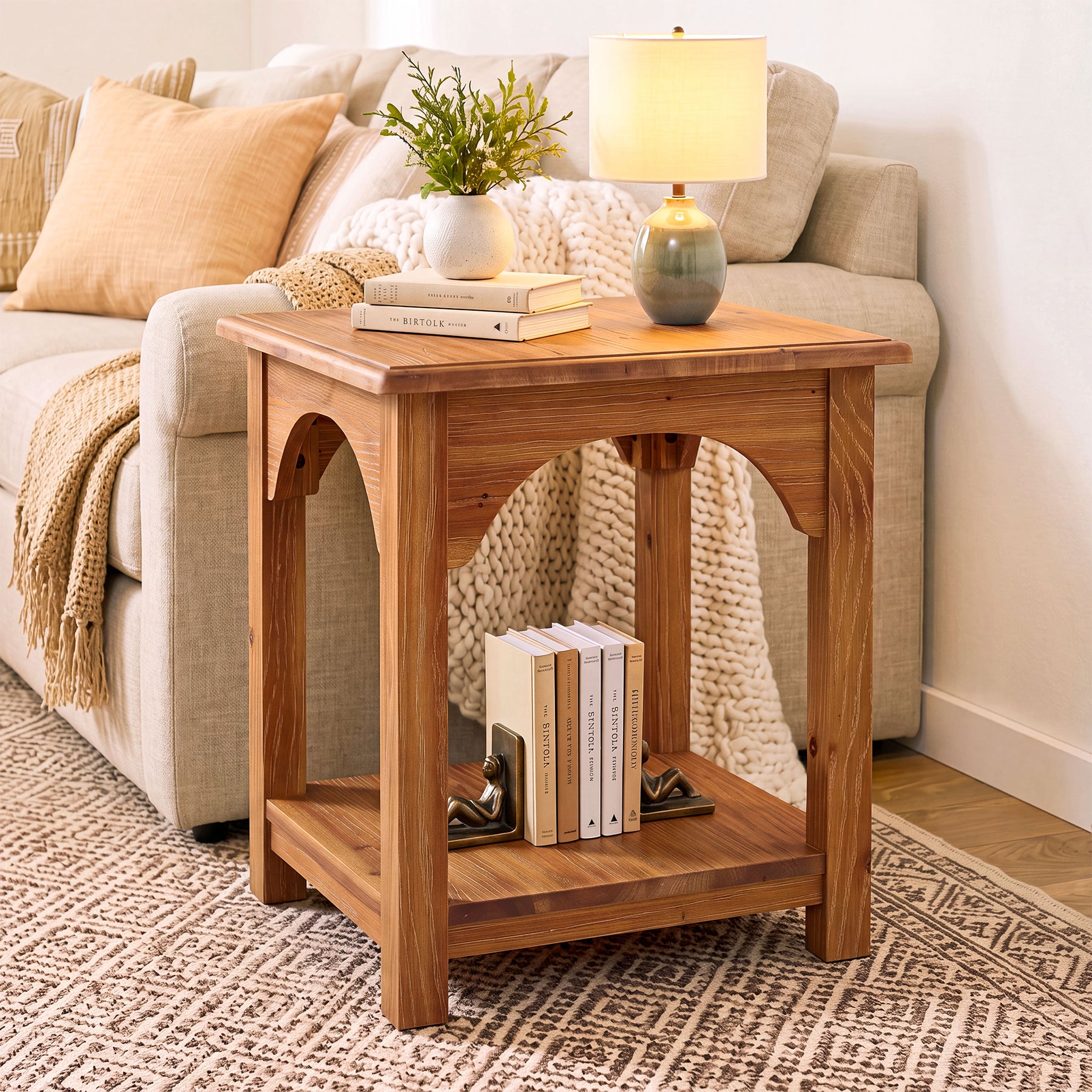 Farmhouse End Table with Storage, Solid Fir Wood 2-Tier Side Table, Living Room