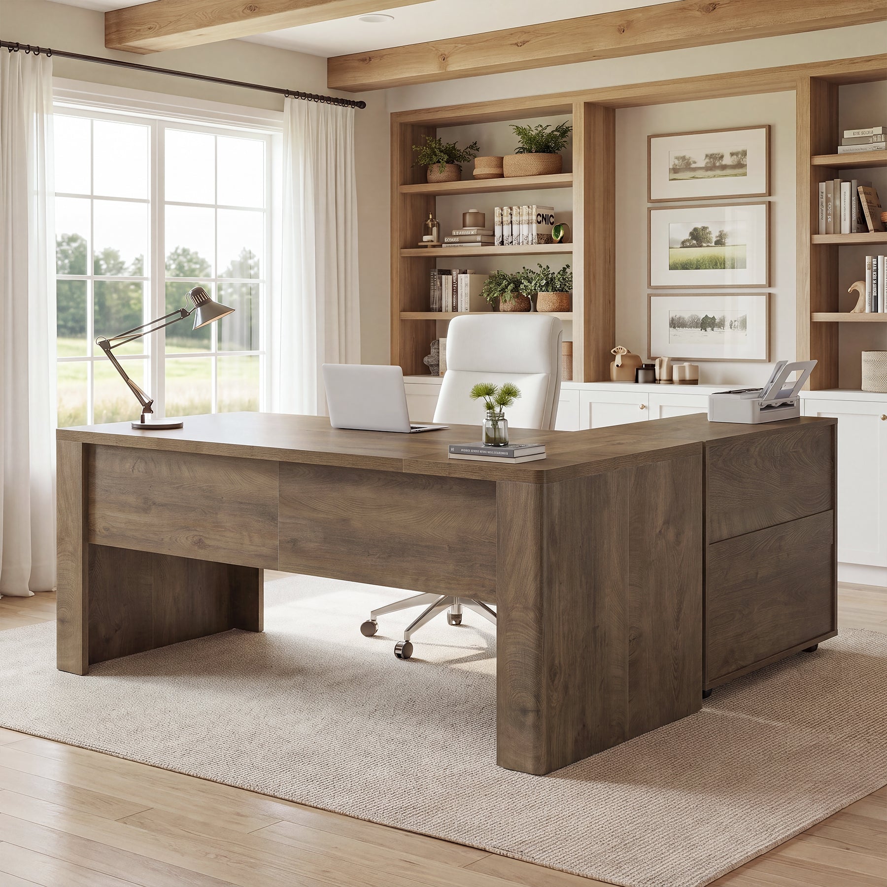 63" L-Shaped Executive Desk, Large Computer Desk with Mobile File Cabinet for Home Office