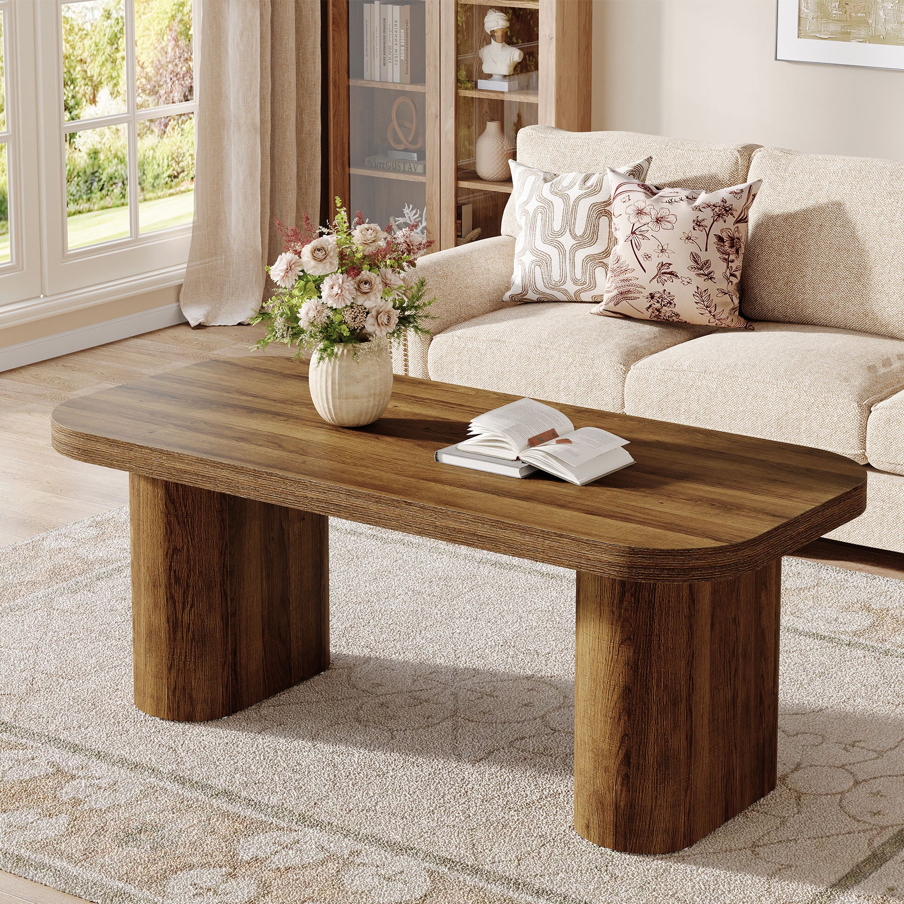 47-Inch Farmhouse Coffee Table, Rectangular Center Table with Rounded Corners and Sturdy Base