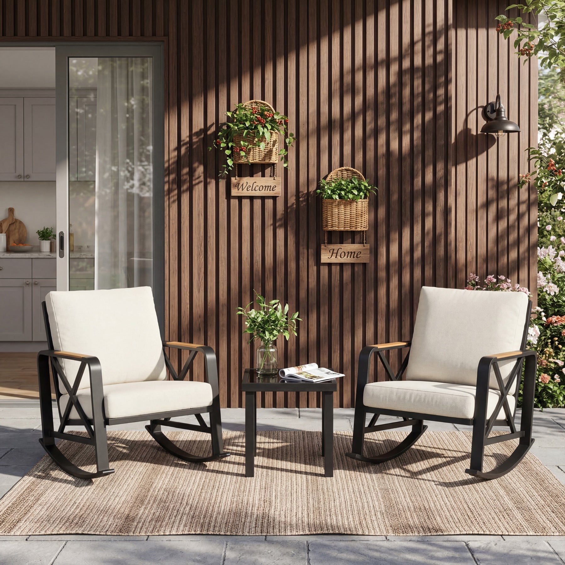 2-Person Outdoor Rocking Chair Set With Bistro Side Table And Cushions