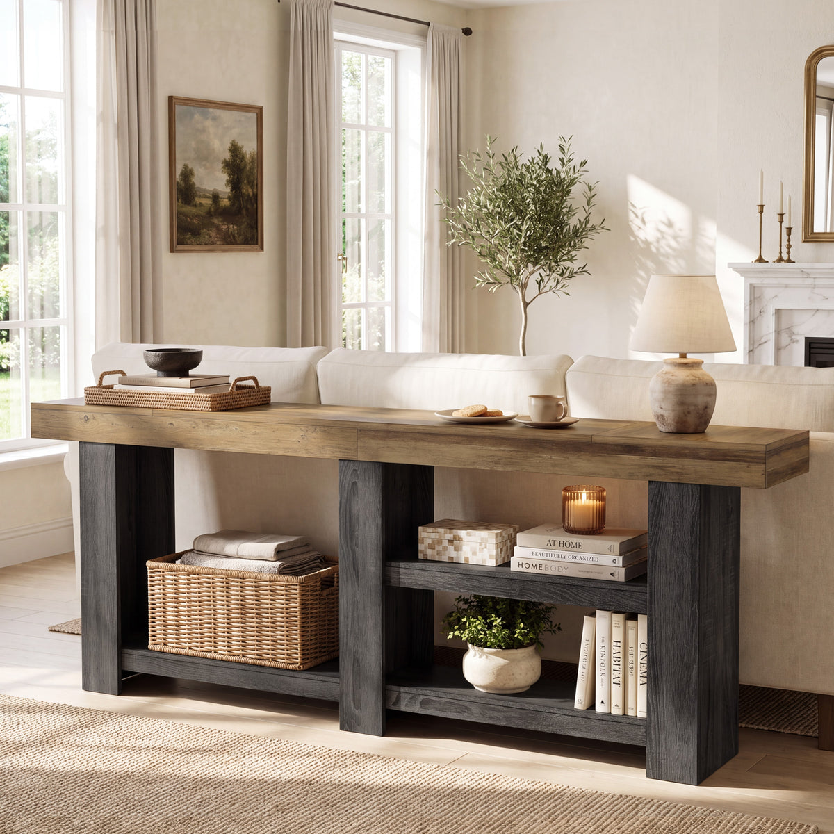 78.75" Console Table, Farmhouse Entryway Sofa Table with Muti-tier Open Shelf