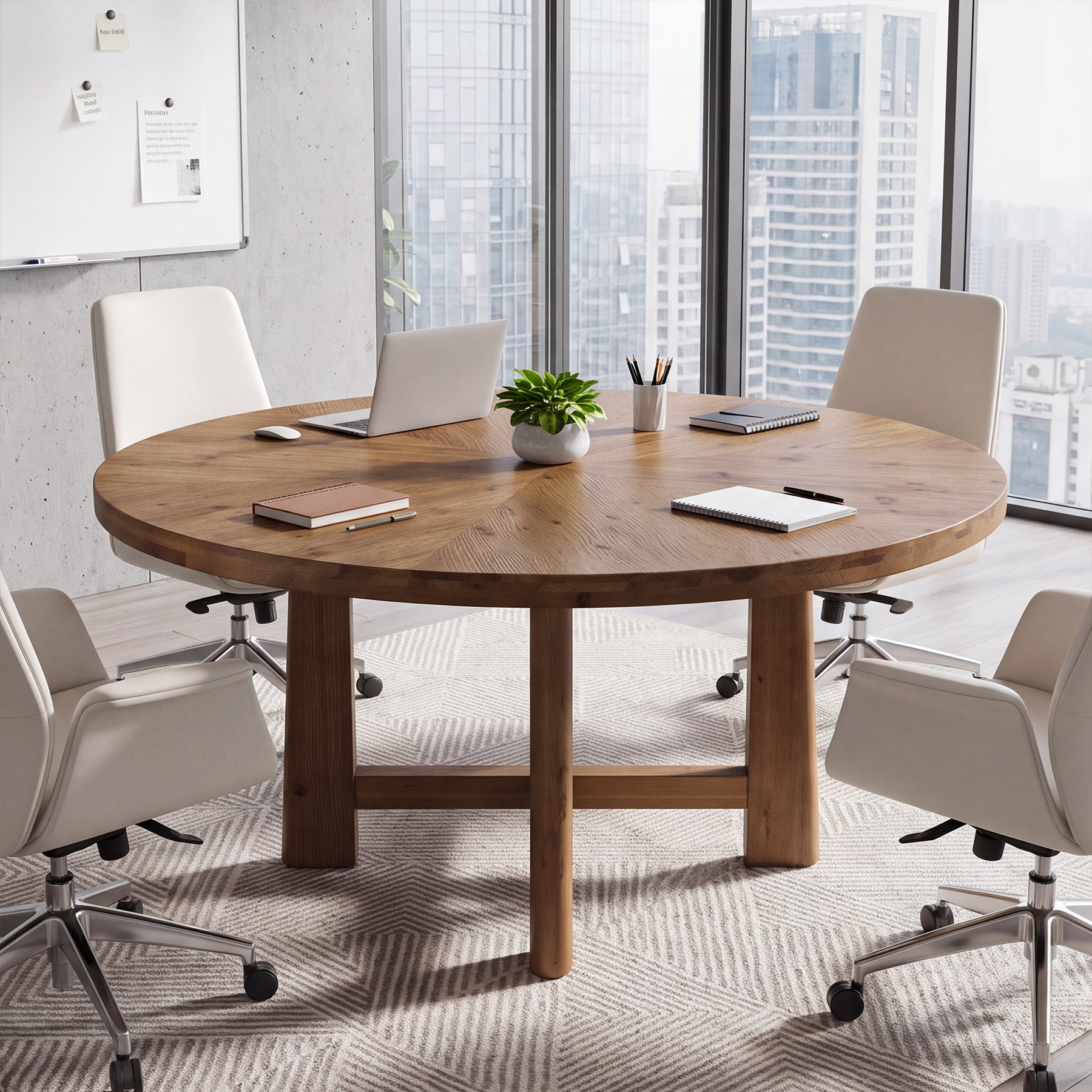 47" Round Conference Table for 4-6, Solid Wood Farmhouse Meeting Room, Home Office
