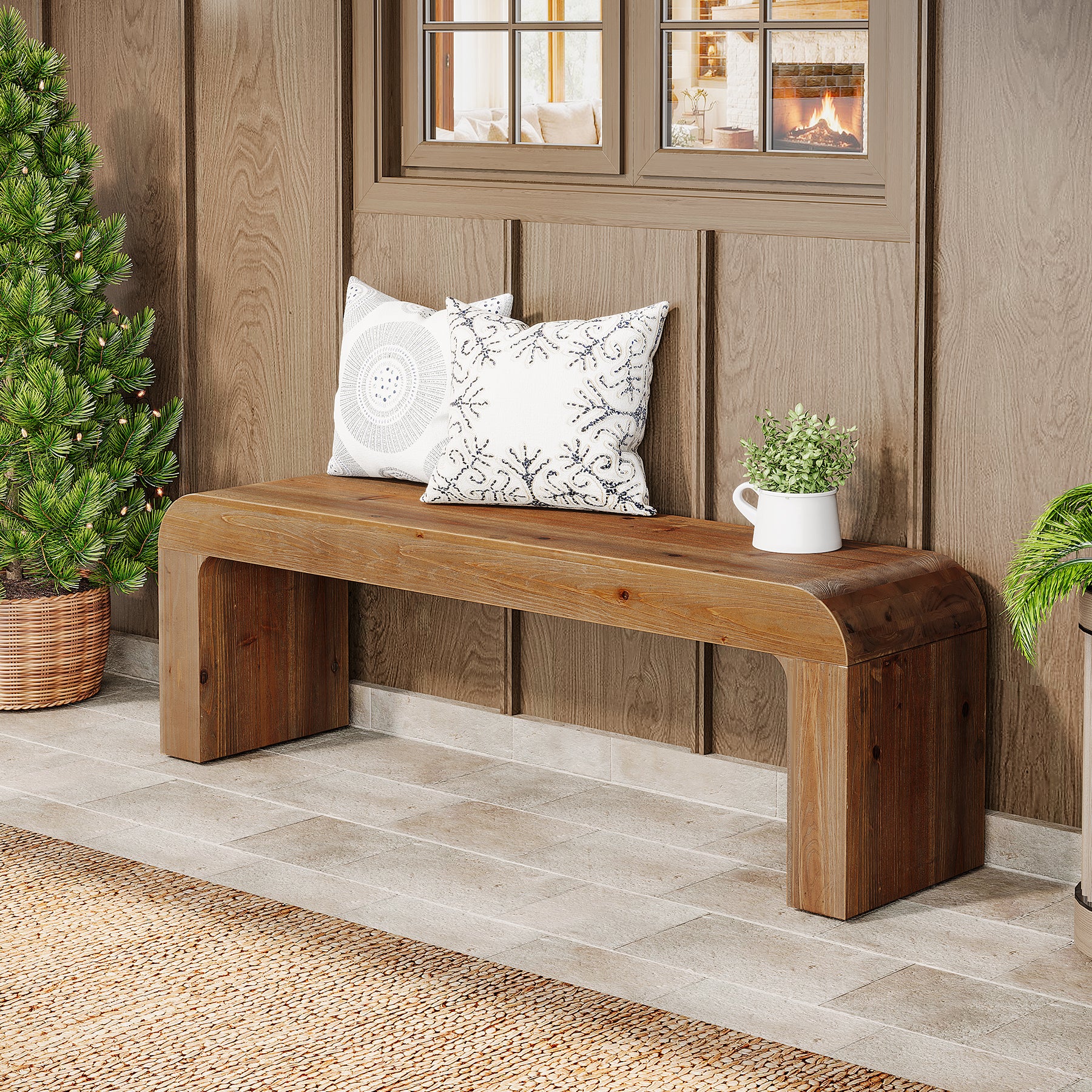 55" Modern Dining Bench, Solid Wood Entryway Bench with Thick Block Seat