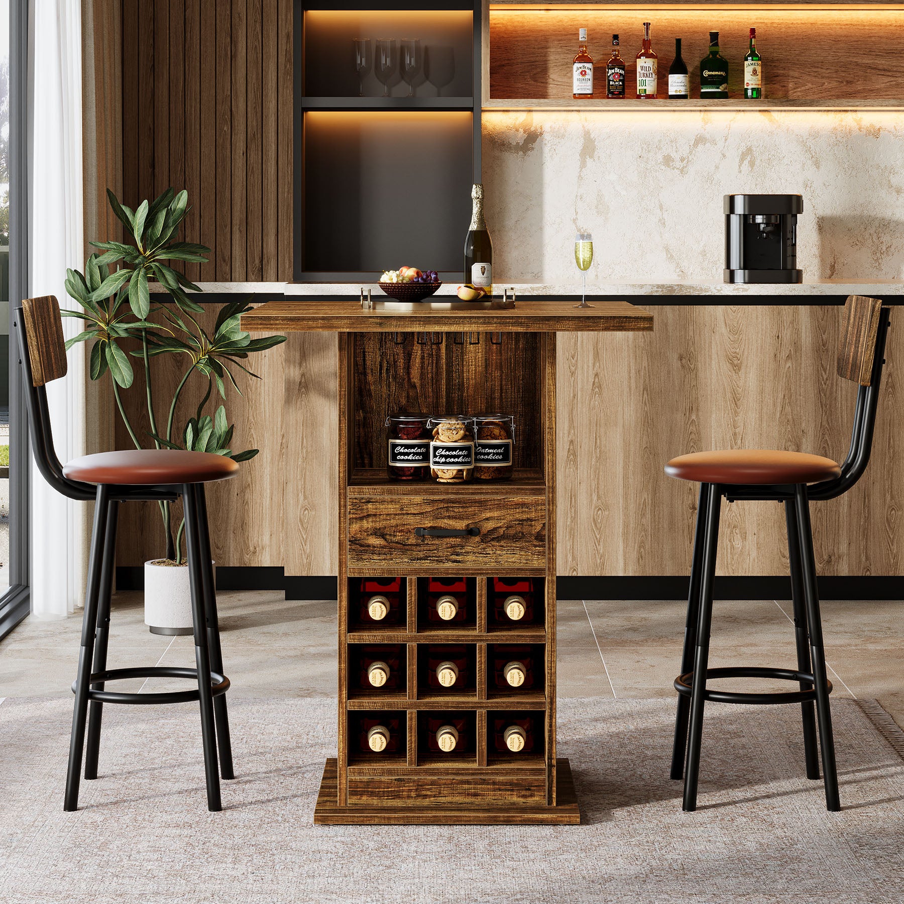 Home Bar Unit,  Square Liquor Bar Cabinet with Storage Drawer and Wine Rack