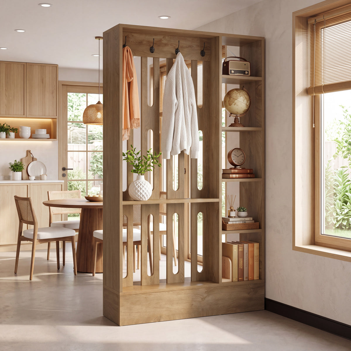 71" Room Divider with Shelves, 5-Cube & 4 Hooks, Freestanding Modern Wall Partition