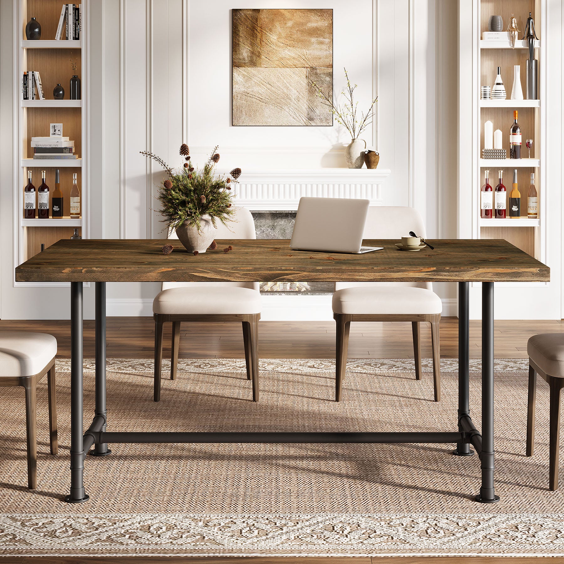 63" Solid Wood Dining Table for 4-6, Industrial Kitchen Table with Metal Footrest