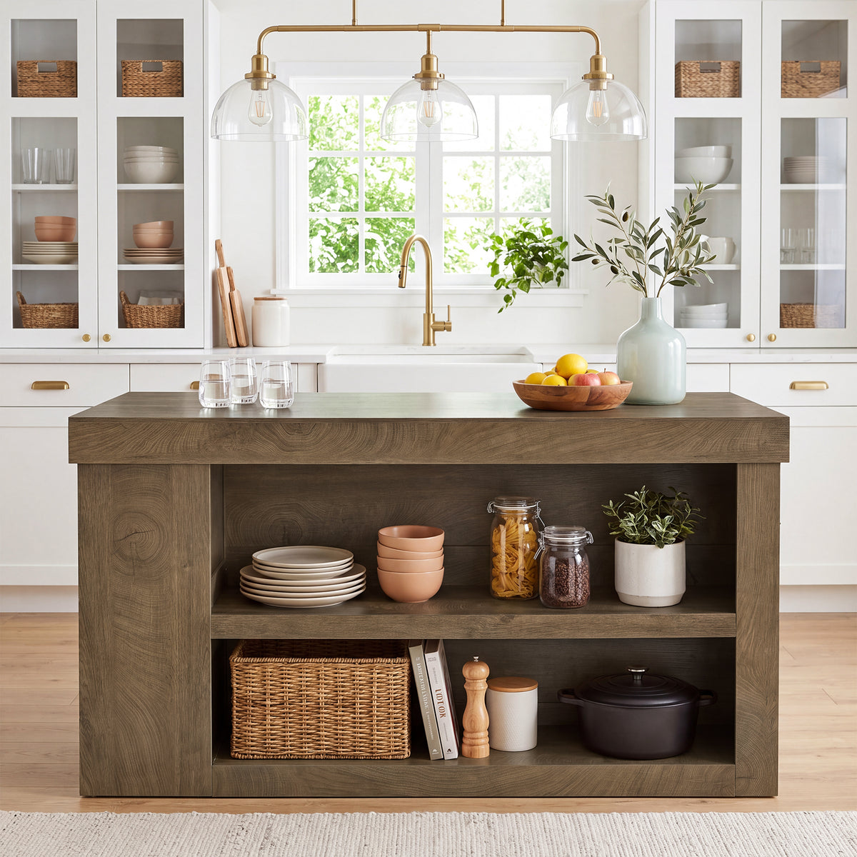 63" Kitchen Island, 3-Tier Stationary Island Table with Open Storage Sheves & Cabinet